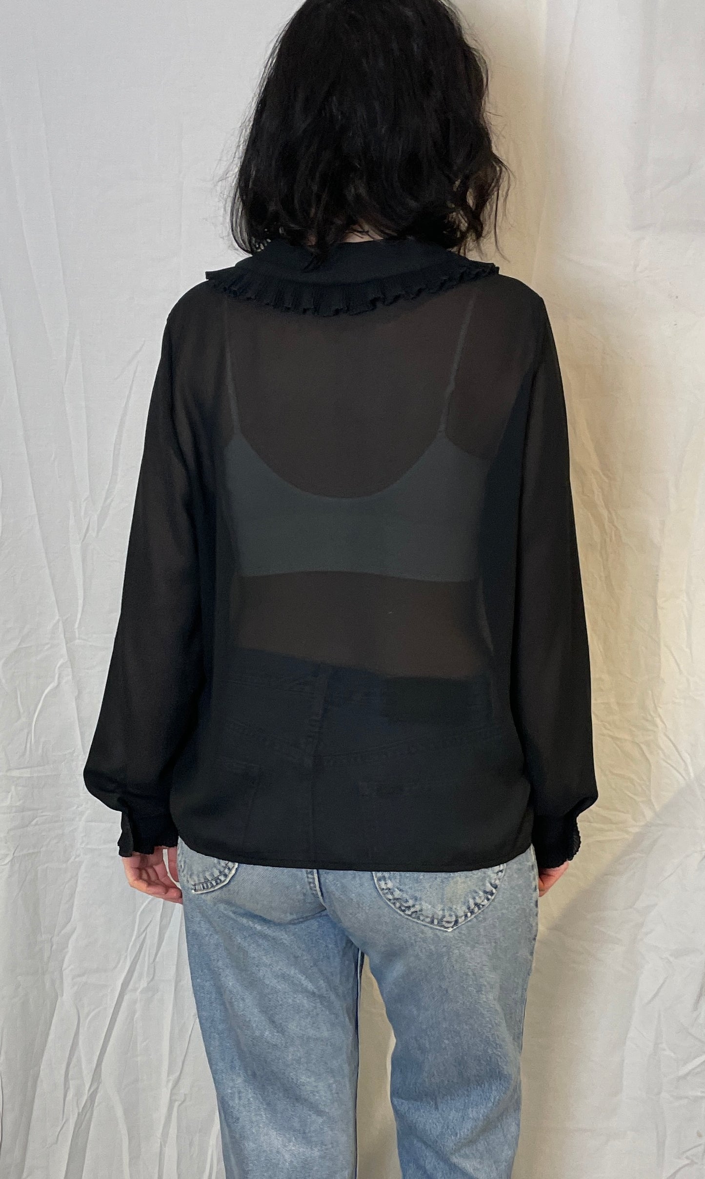Vintage 80s Black Sheer Chiffon Ruffle Neckline Blouse - Up To Size 14