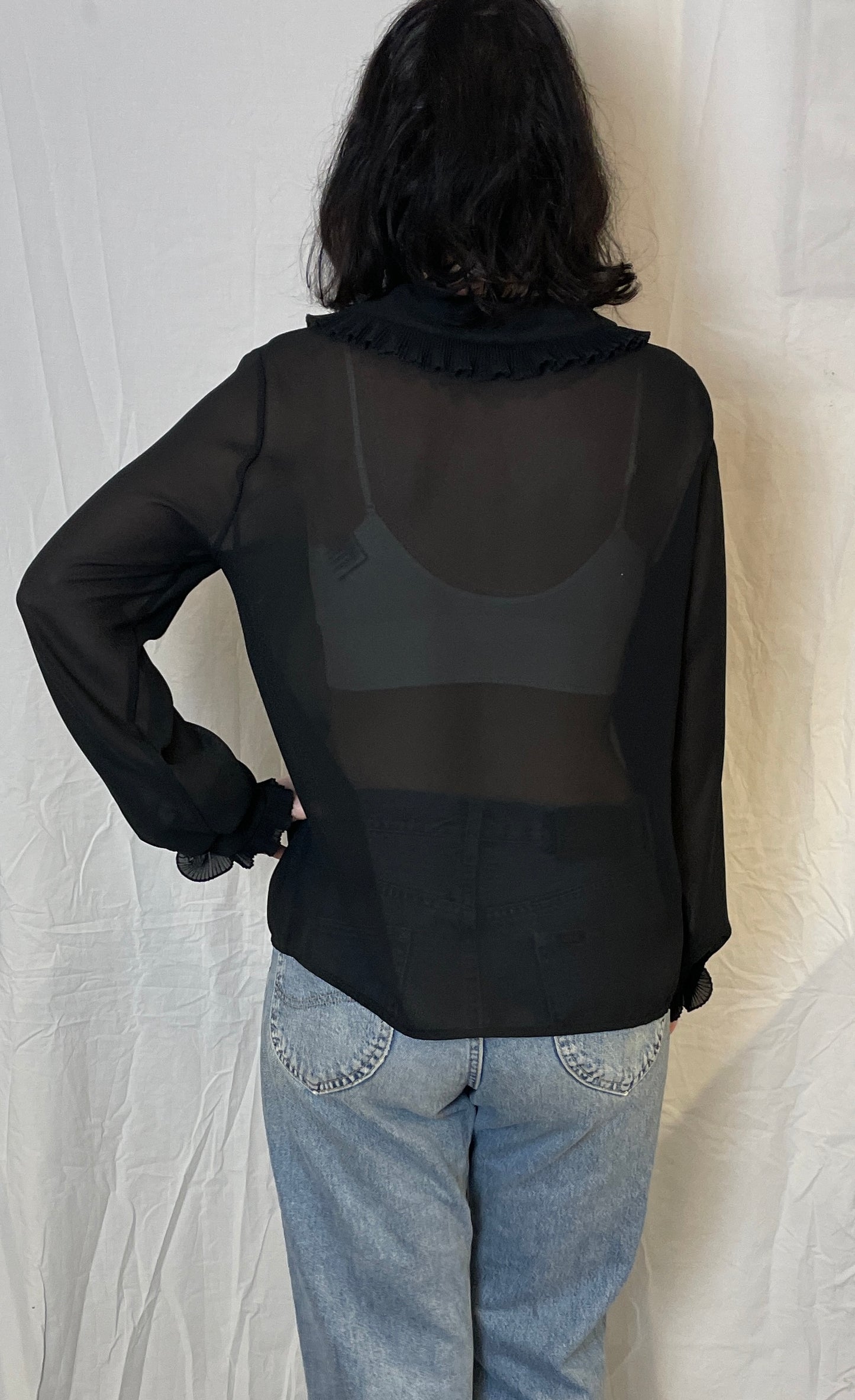 Vintage 80s Black Sheer Chiffon Ruffle Neckline Blouse - Up To Size 14