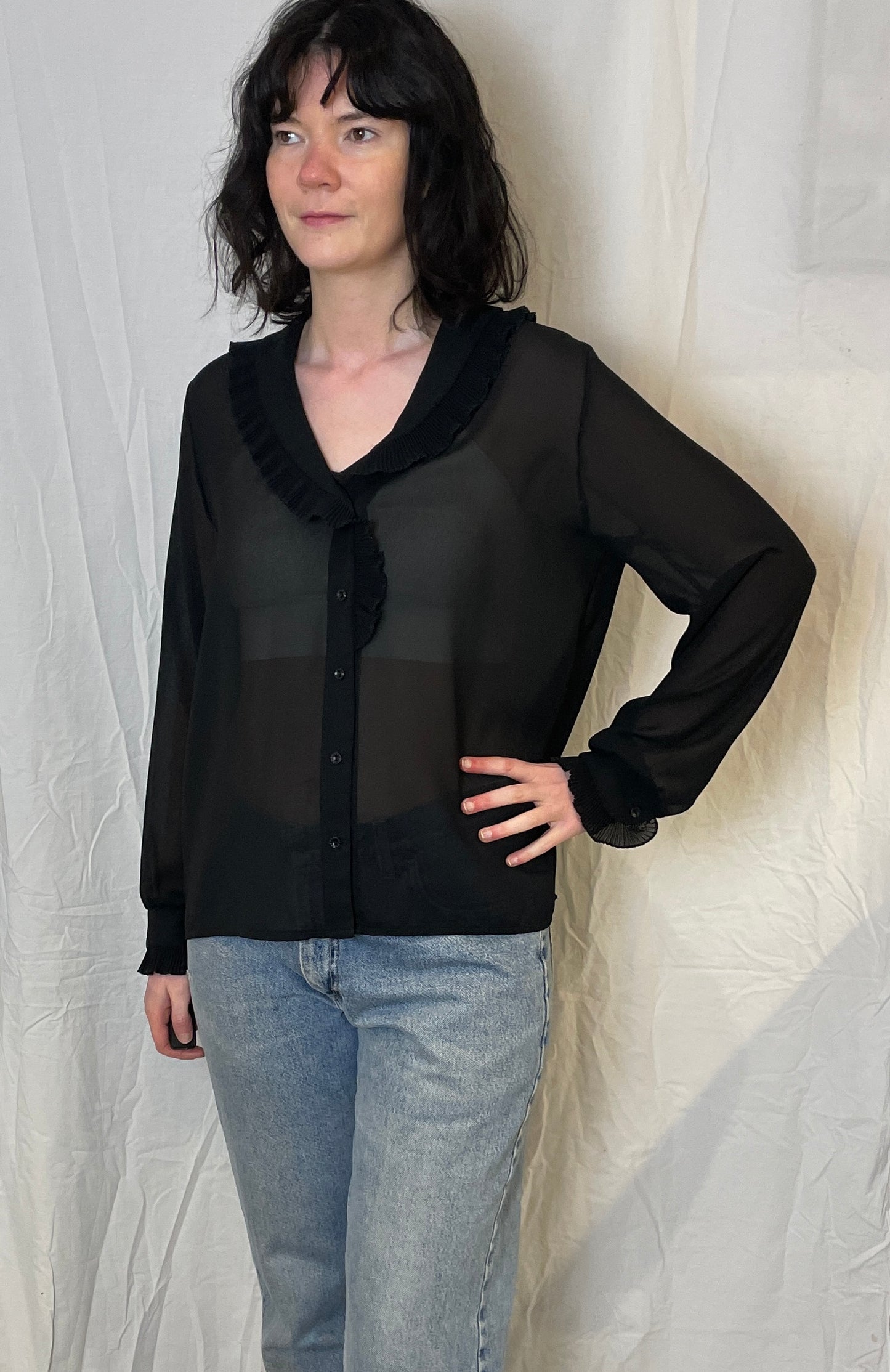 Vintage 80s Black Sheer Chiffon Ruffle Neckline Blouse - Up To Size 14