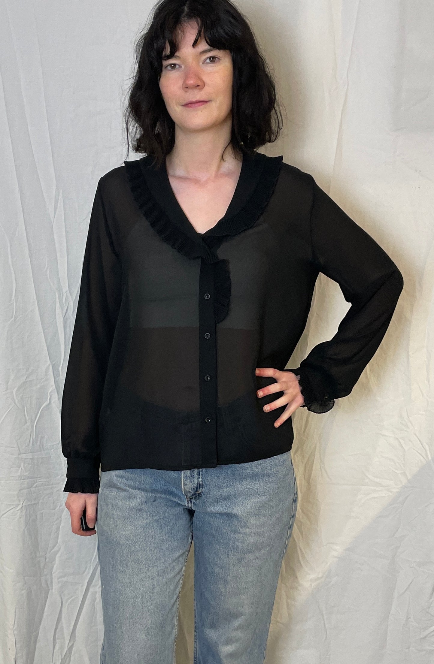 Vintage 80s Black Sheer Chiffon Ruffle Neckline Blouse - Up To Size 14