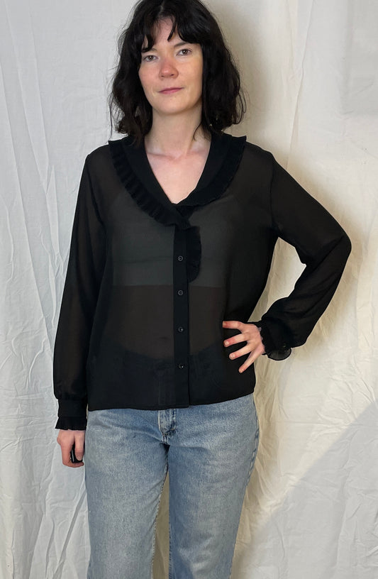 Vintage 80s Black Sheer Chiffon Ruffle Neckline Blouse - Up To Size 14