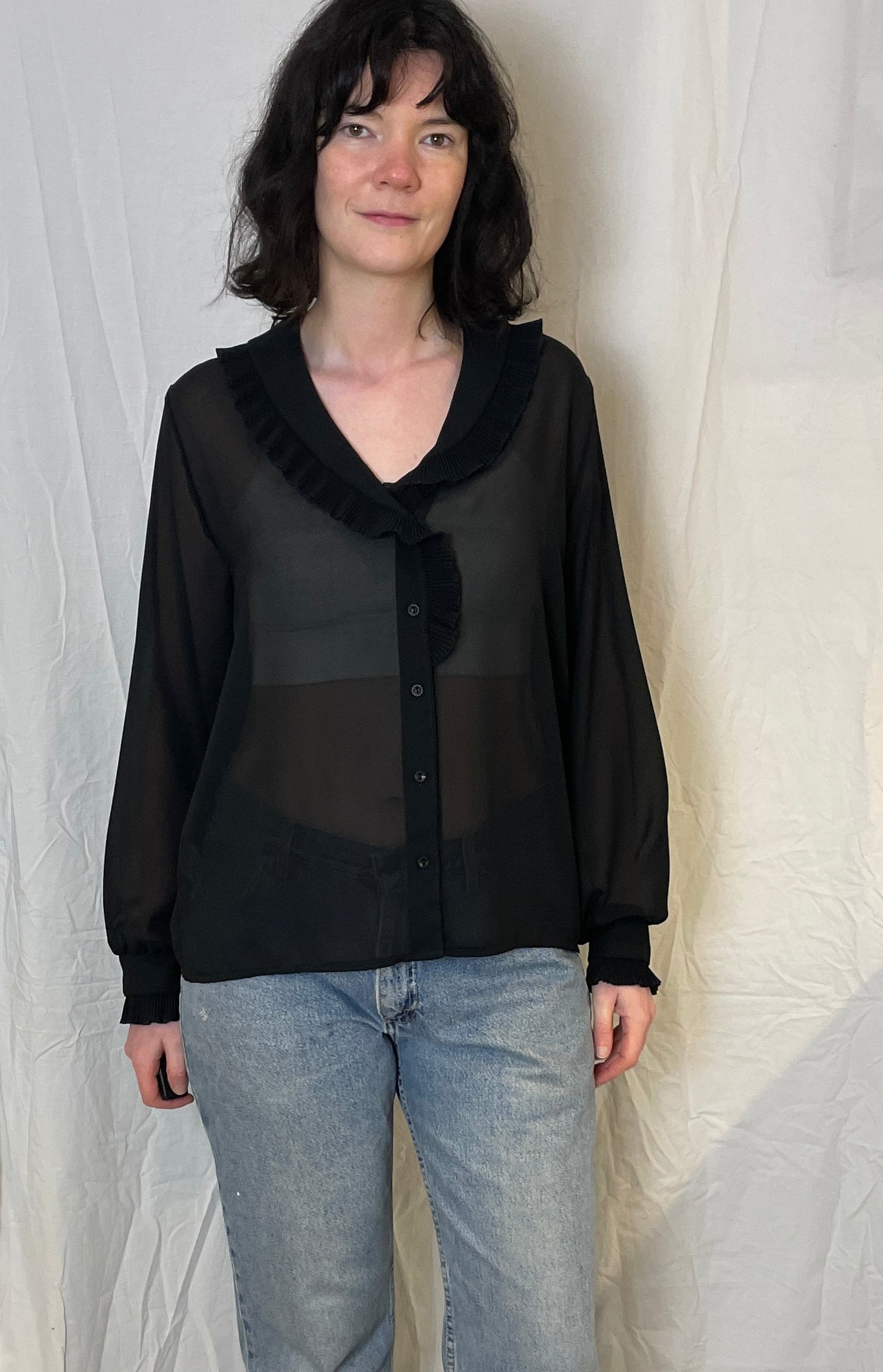 Vintage 80s Black Sheer Chiffon Ruffle Neckline Blouse - Up To Size 14