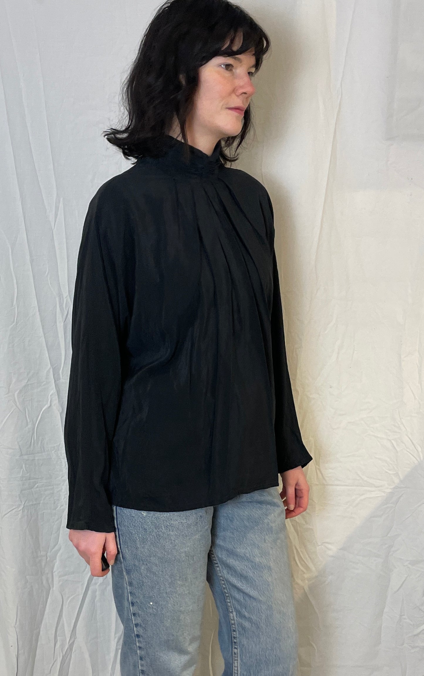 Vintage 80s Aquascutum Black Silk High Neck Trapeze Blouse - Up To Size 12
