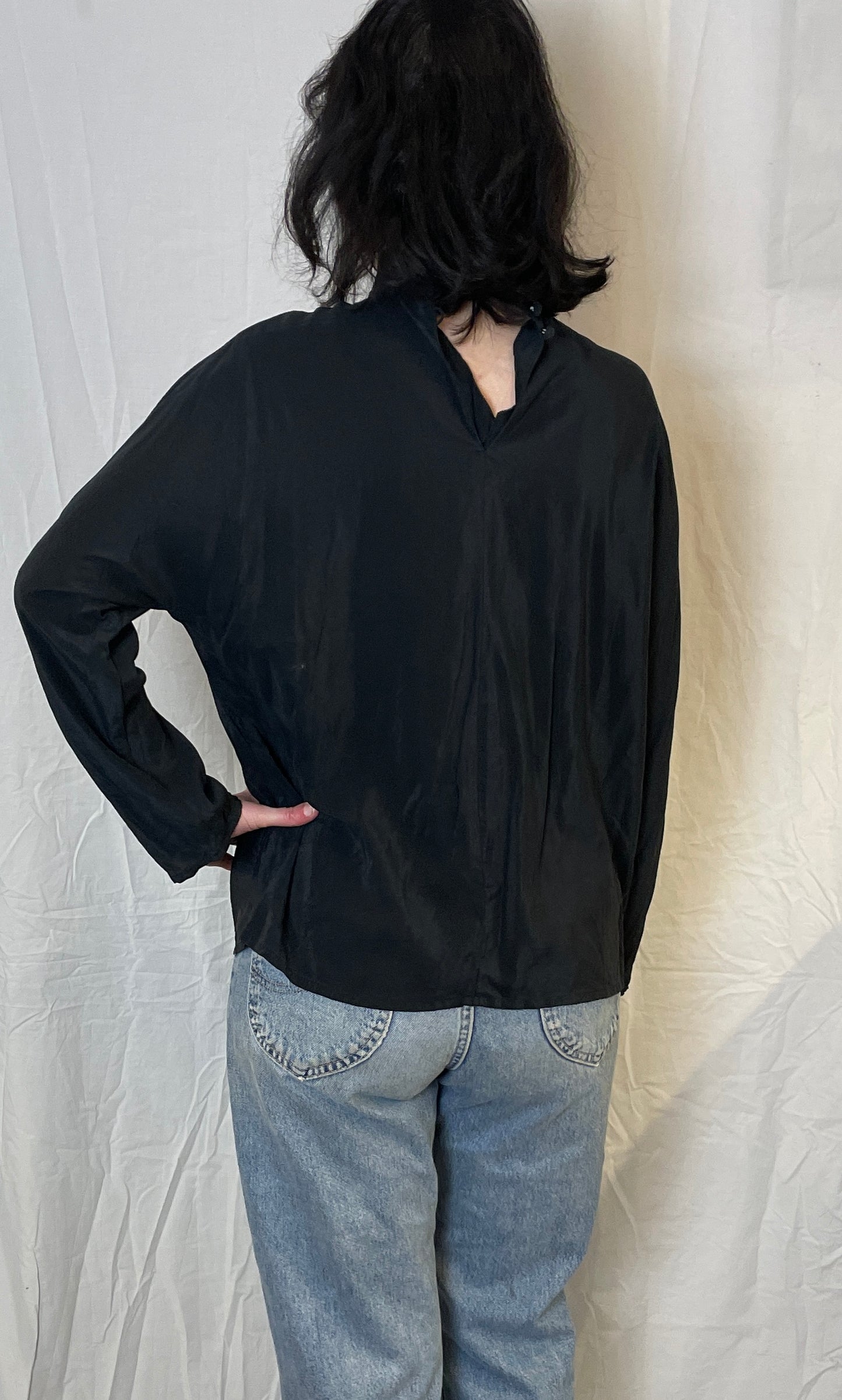 Vintage 80s Aquascutum Black Silk High Neck Trapeze Blouse - Up To Size 12