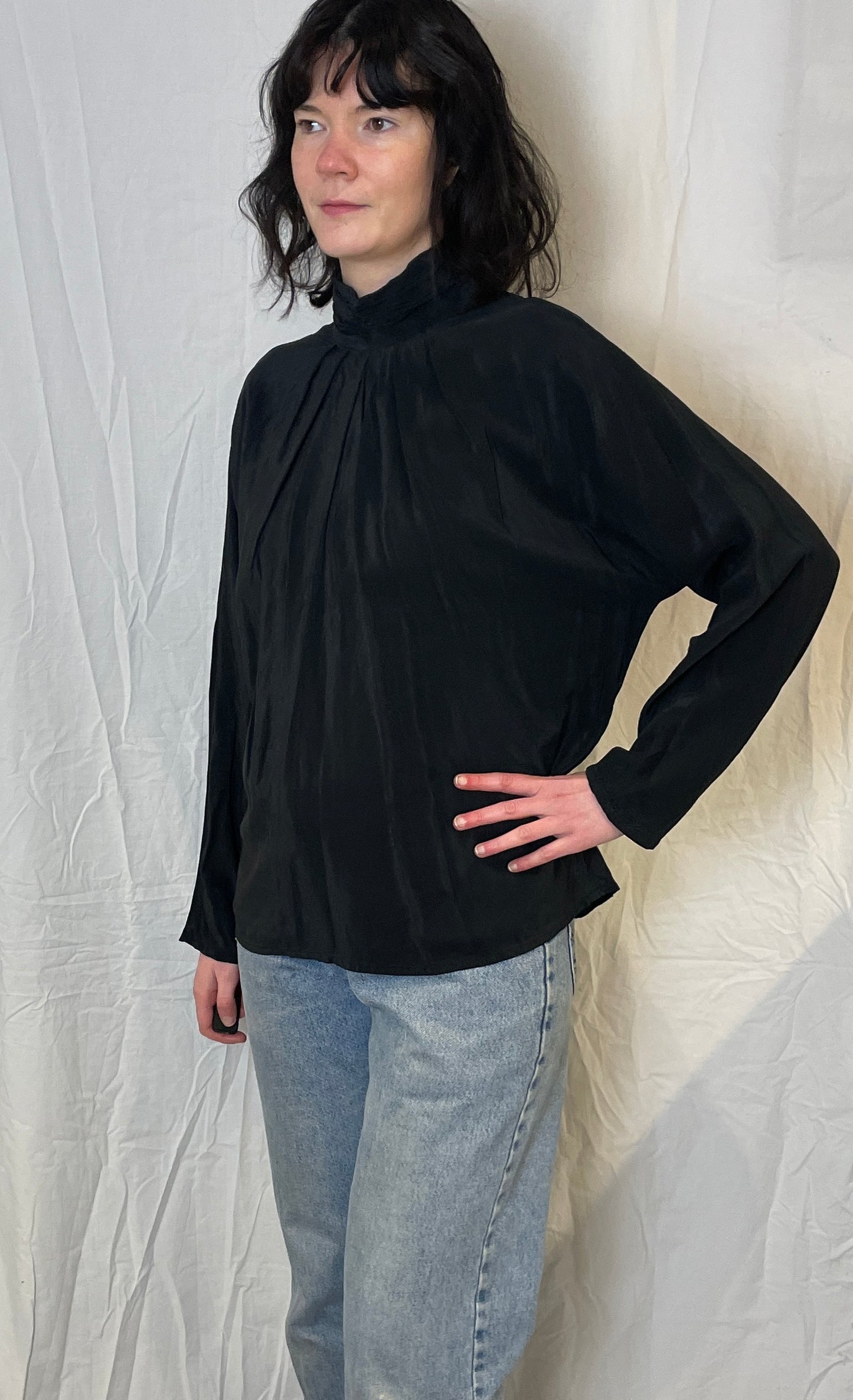 Vintage 80s Aquascutum Black Silk High Neck Trapeze Blouse - Up To Size 12