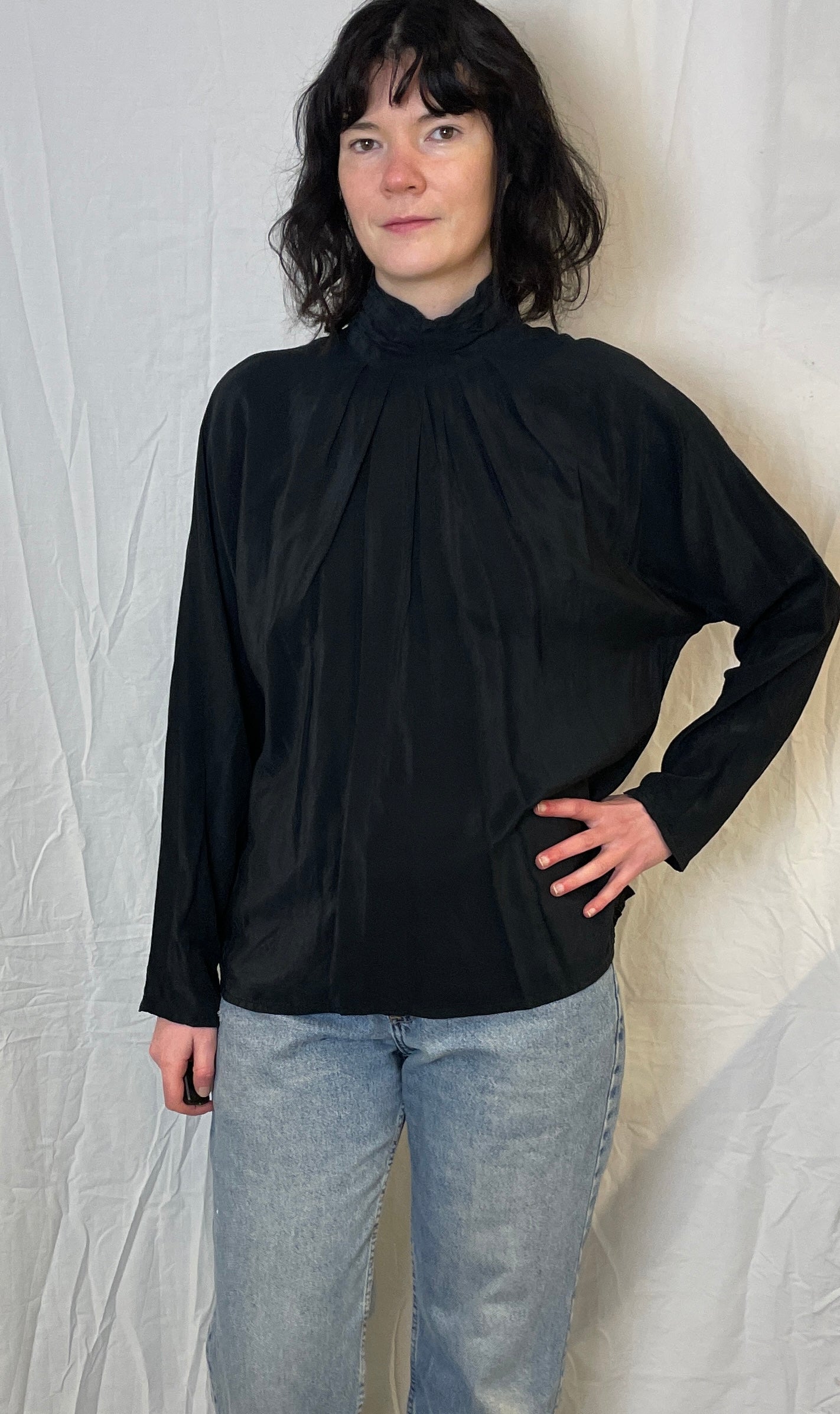 Vintage 80s Aquascutum Black Silk High Neck Trapeze Blouse - Up To Size 12