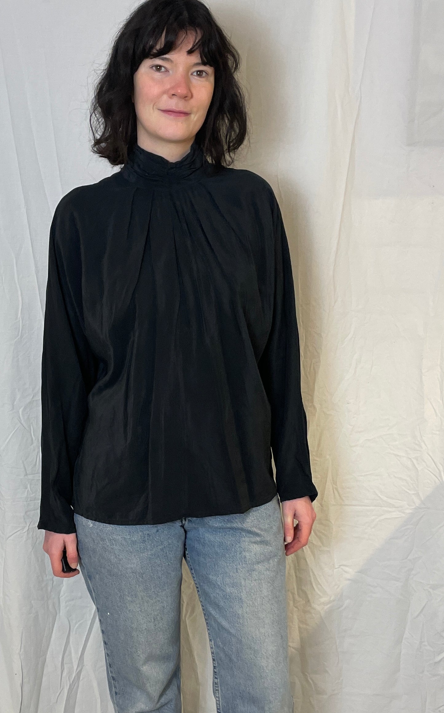 Vintage 80s Aquascutum Black Silk High Neck Trapeze Blouse - Up To Size 12