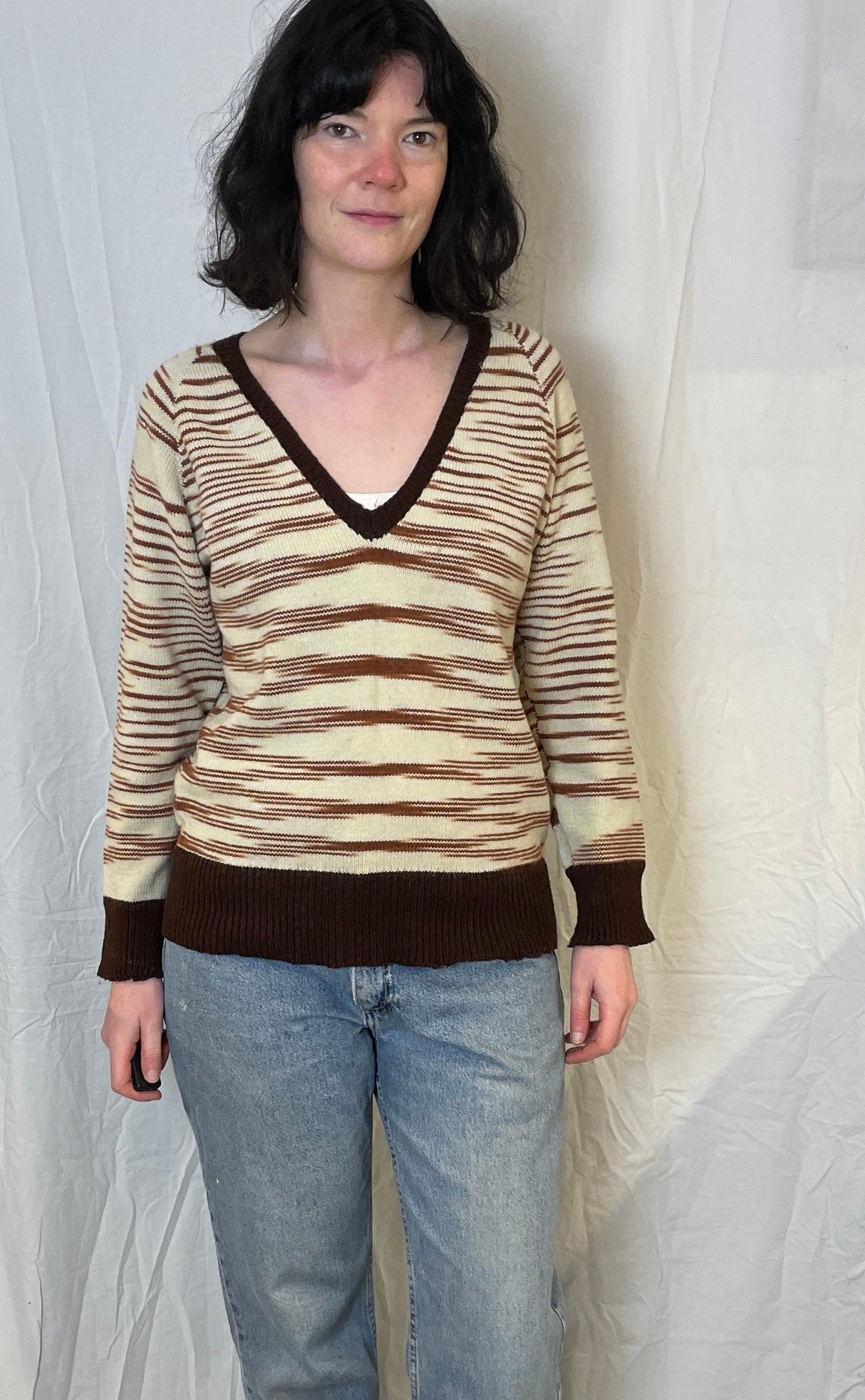 Vintage 70s Brown Striped V-Neck Handknit Wool Jumper - Up To Size 10