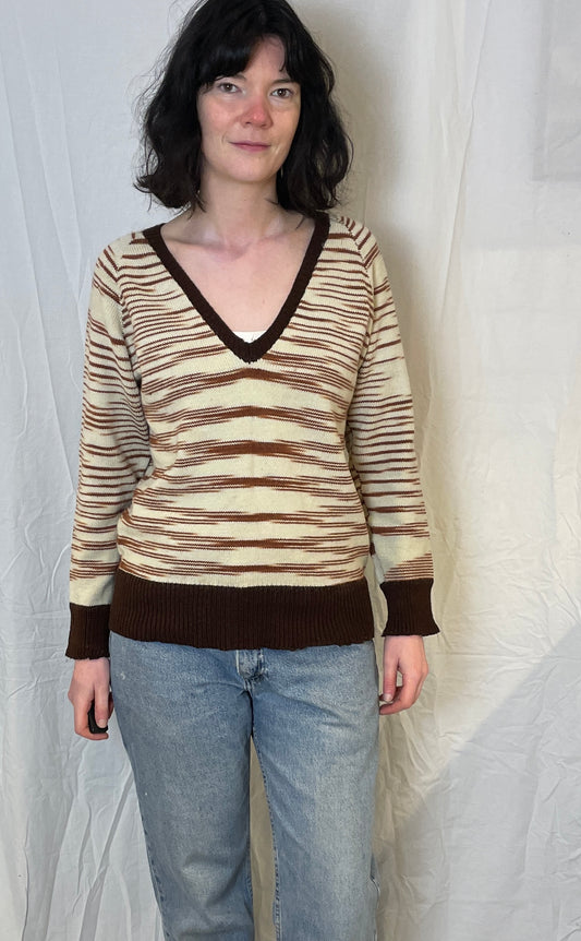 Vintage 70s Brown Striped V-Neck Handknit Wool Jumper - Up To Size 10