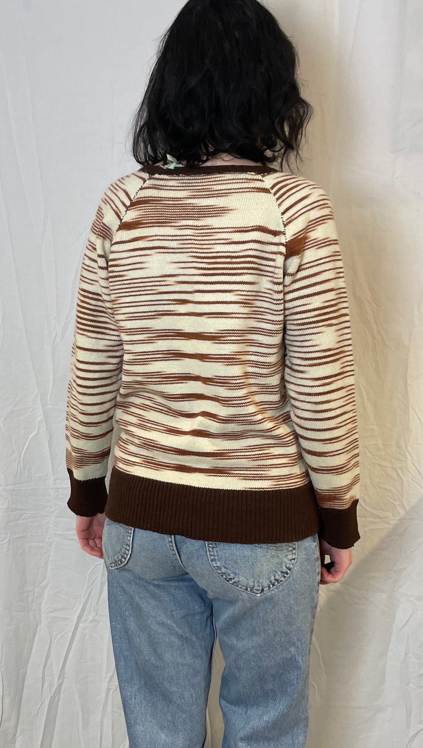 Vintage 70s Brown Striped V-Neck Handknit Wool Jumper - Up To Size 10