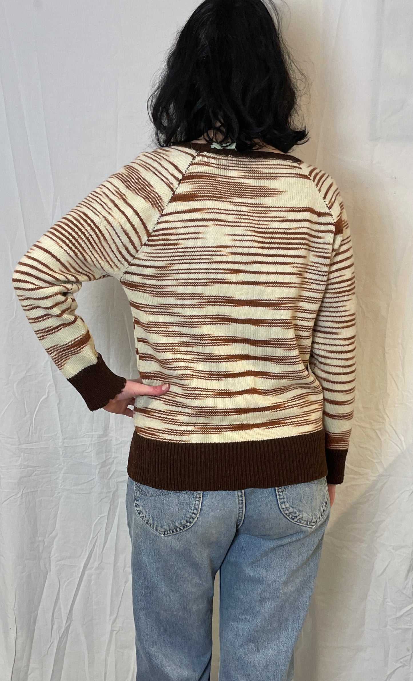 Vintage 70s Brown Striped V-Neck Handknit Wool Jumper - Up To Size 10