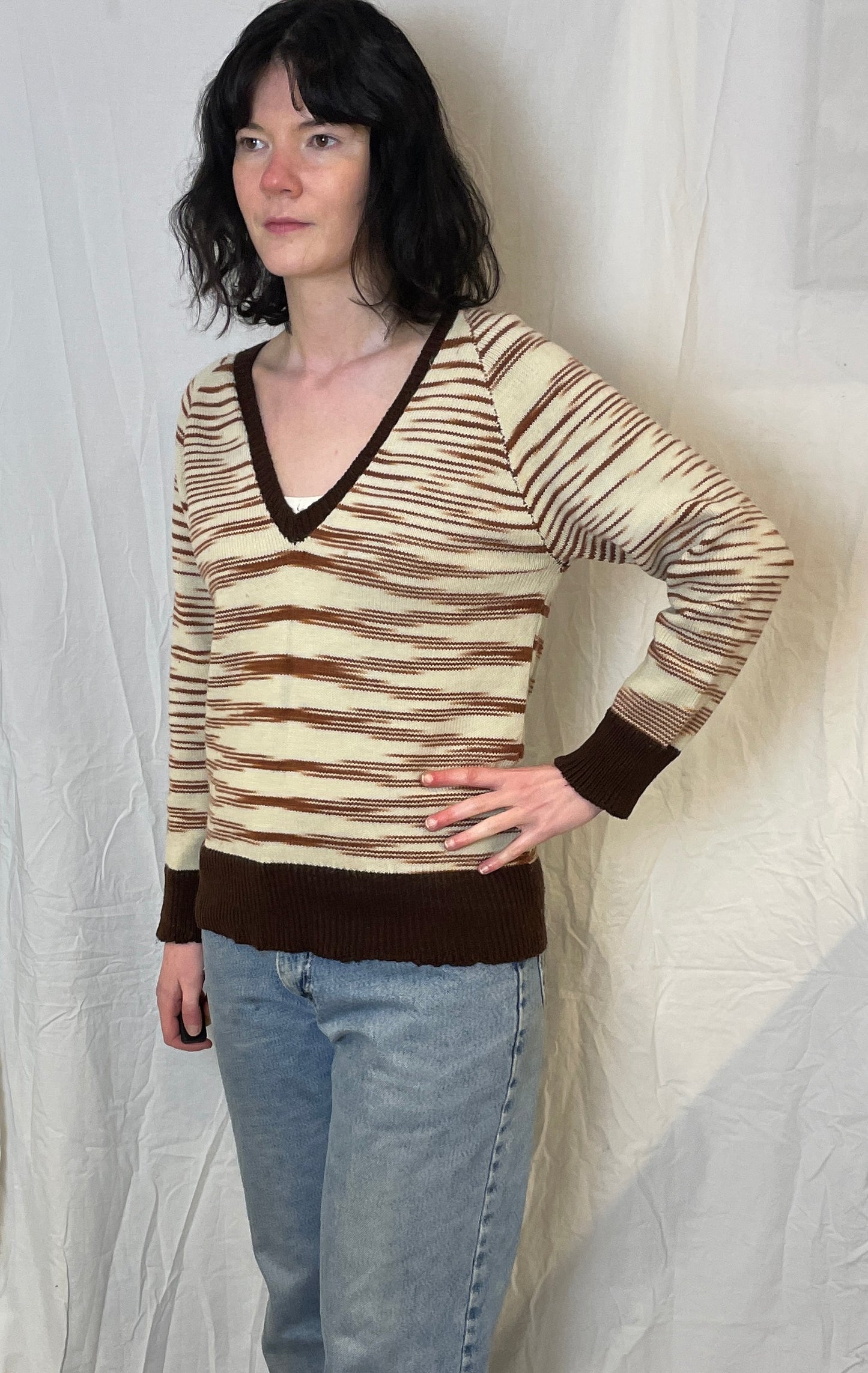 Vintage 70s Brown Striped V-Neck Handknit Wool Jumper - Up To Size 10