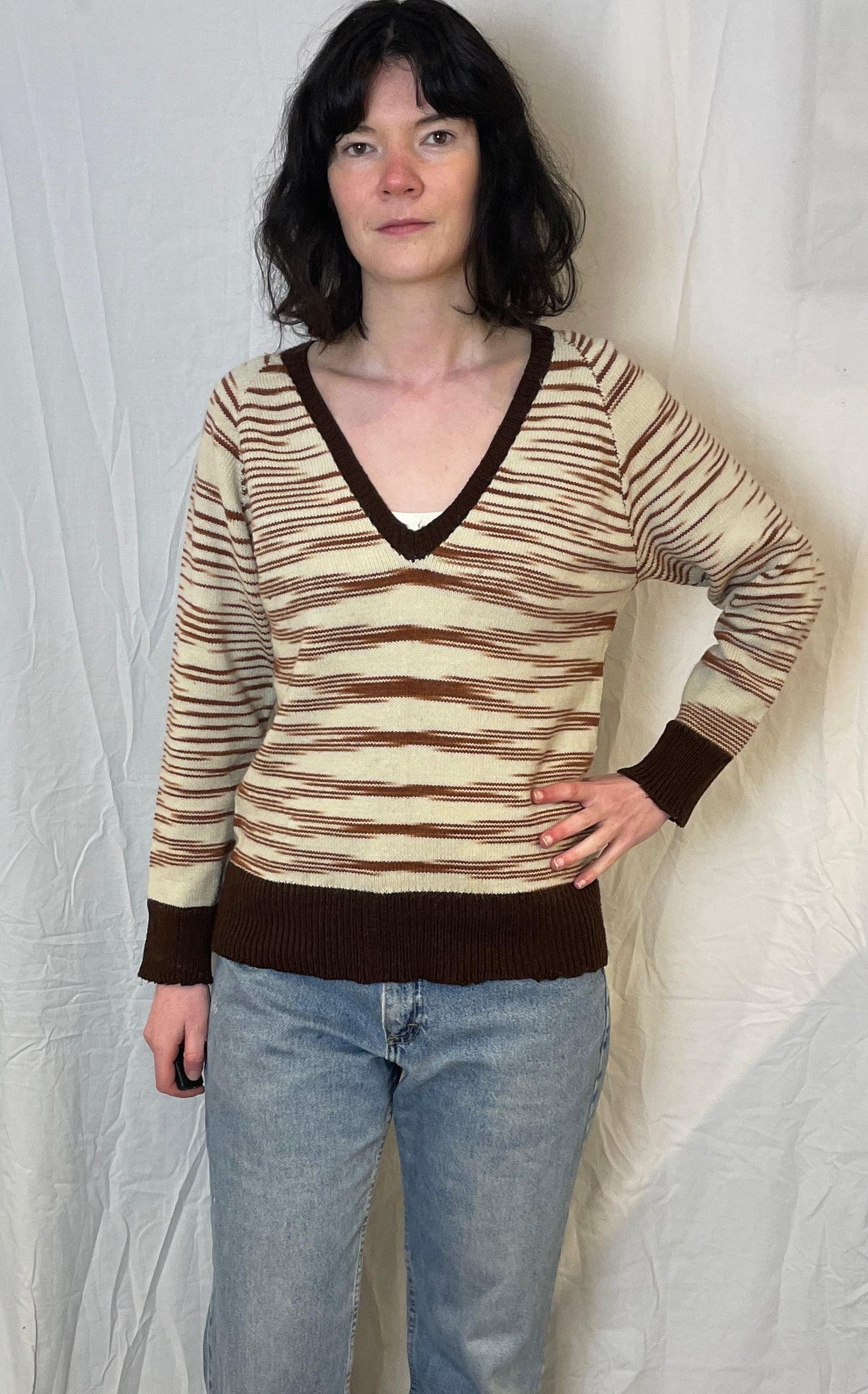 Vintage 70s Brown Striped V-Neck Handknit Wool Jumper - Up To Size 10