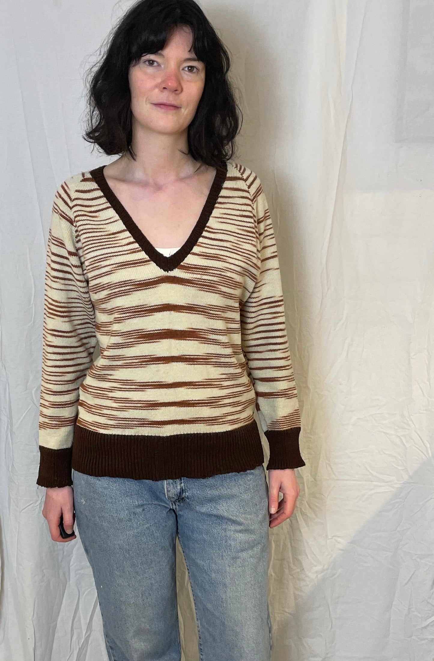 Vintage 70s Brown Striped V-Neck Handknit Wool Jumper - Up To Size 10