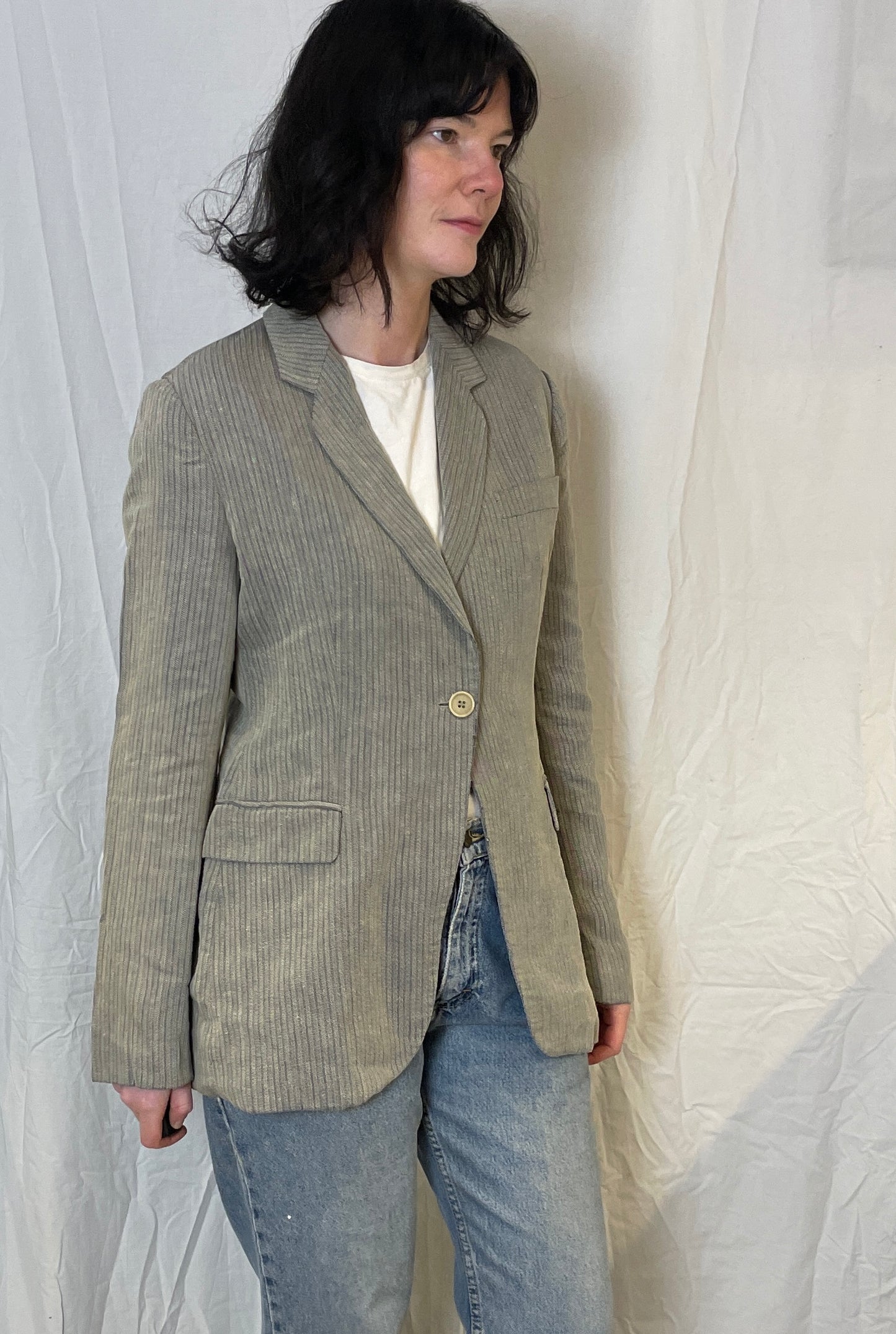 Vintage 90s Armani Grey Striped Fitted Blazer with Silk Lining - Up To Size 12