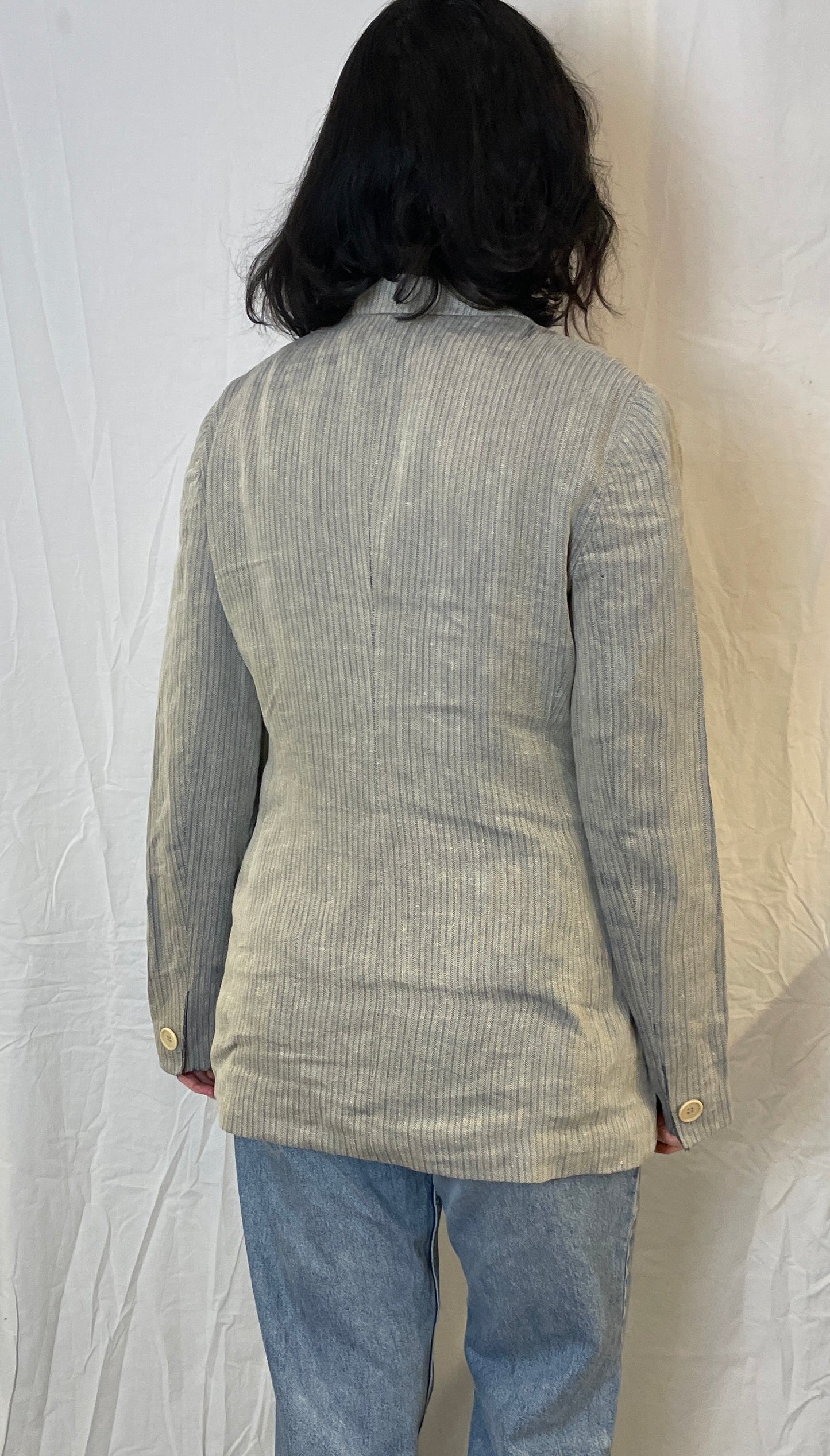 Vintage 90s Armani Grey Striped Fitted Blazer with Silk Lining - Up To Size 12