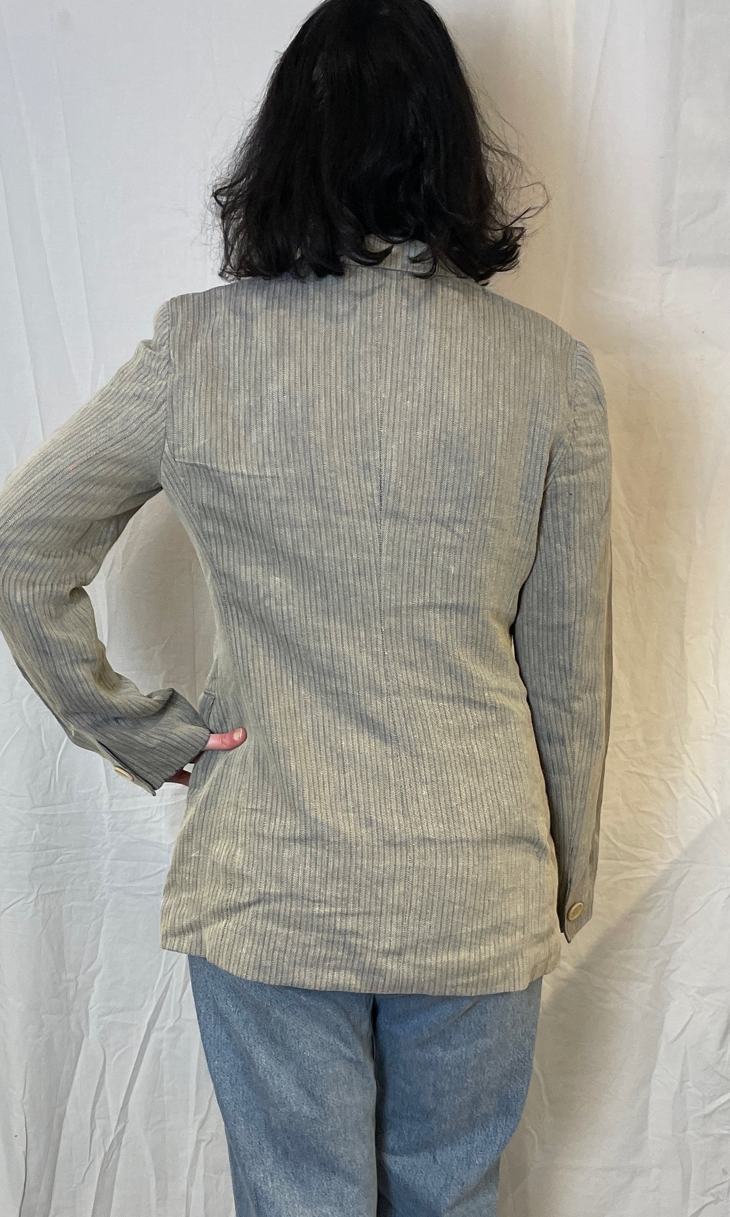 Vintage 90s Armani Grey Striped Fitted Blazer with Silk Lining - Up To Size 12