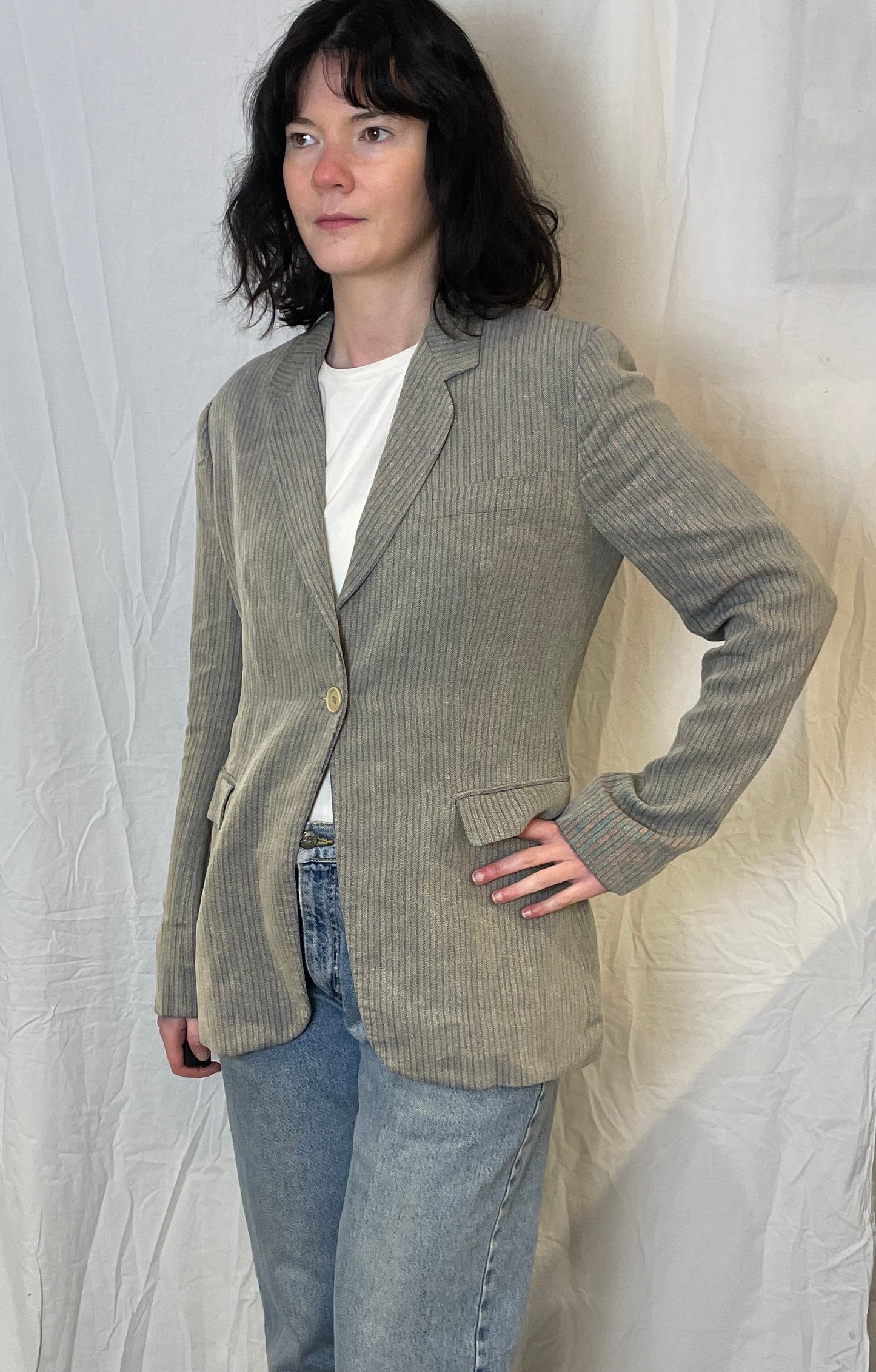 Vintage 90s Armani Grey Striped Fitted Blazer with Silk Lining - Up To Size 12