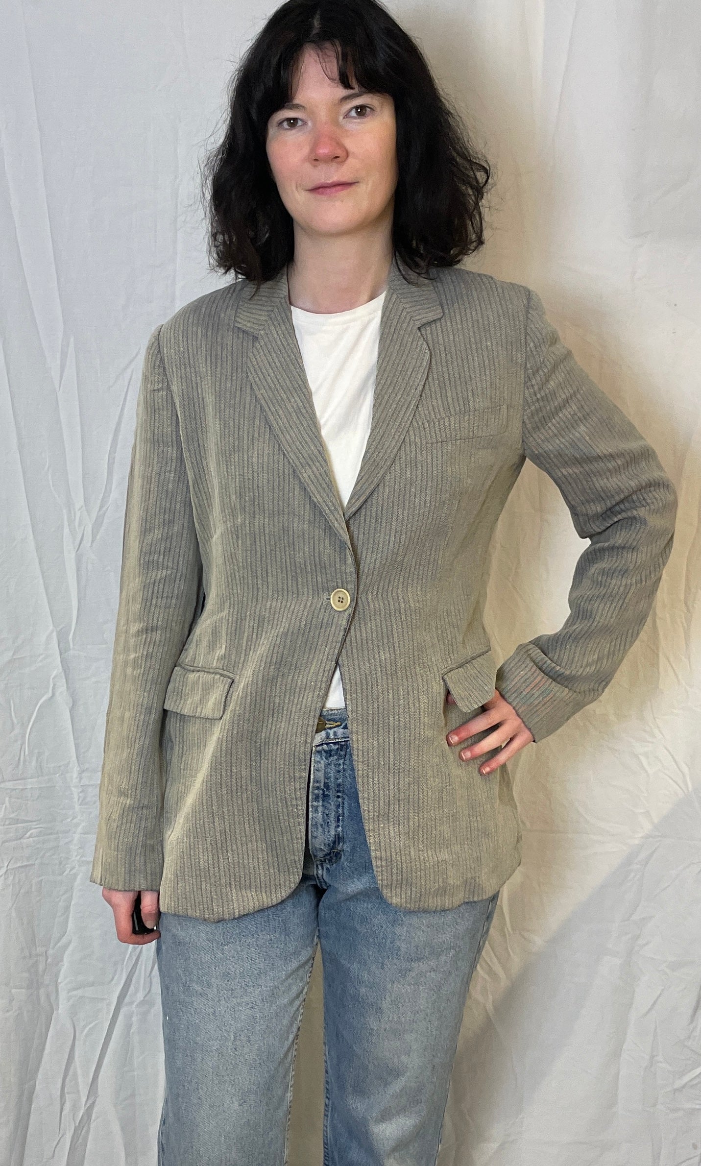 Vintage 90s Armani Grey Striped Fitted Blazer with Silk Lining - Up To Size 12