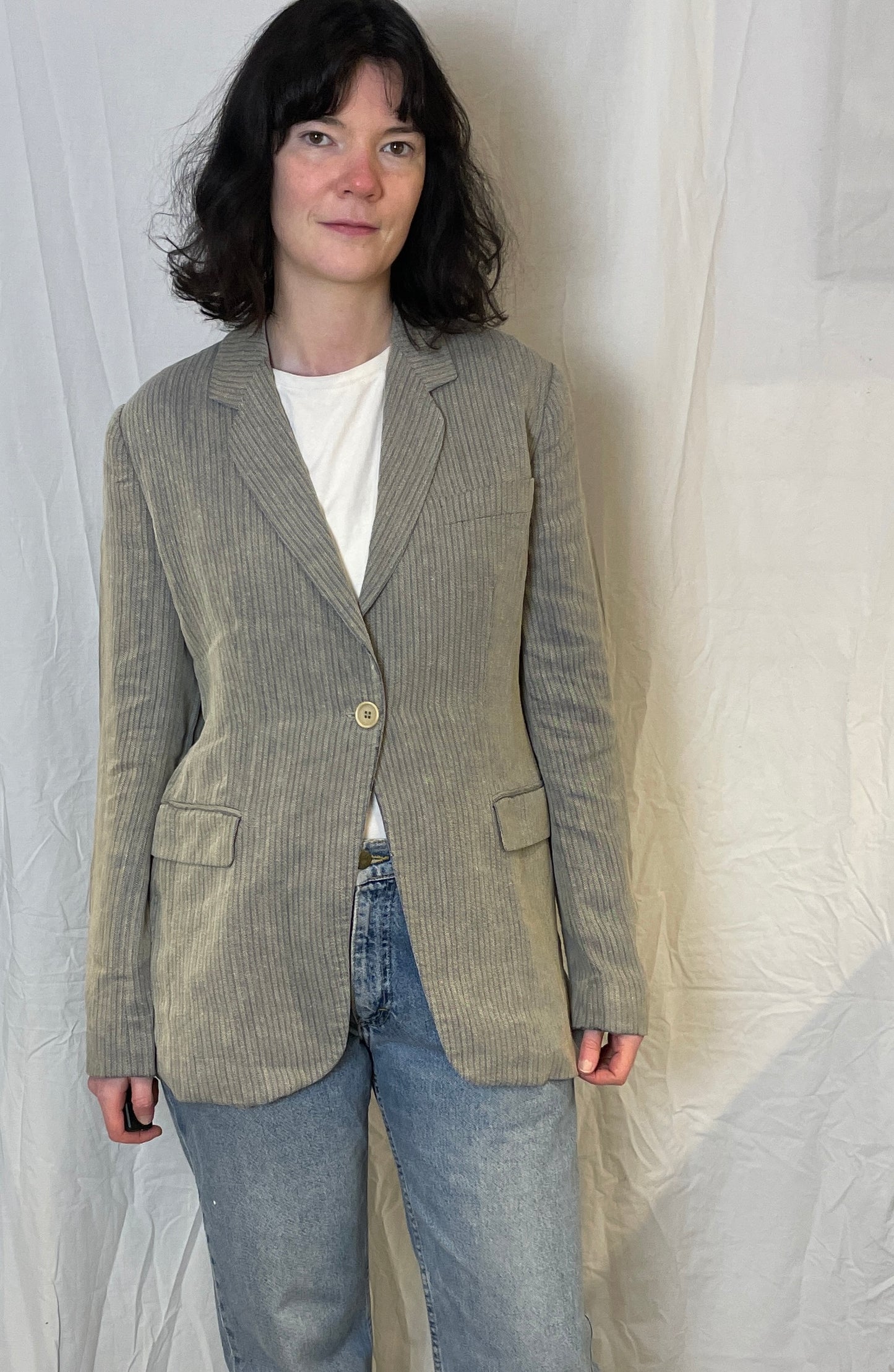 Vintage 90s Armani Grey Striped Fitted Blazer with Silk Lining - Up To Size 12