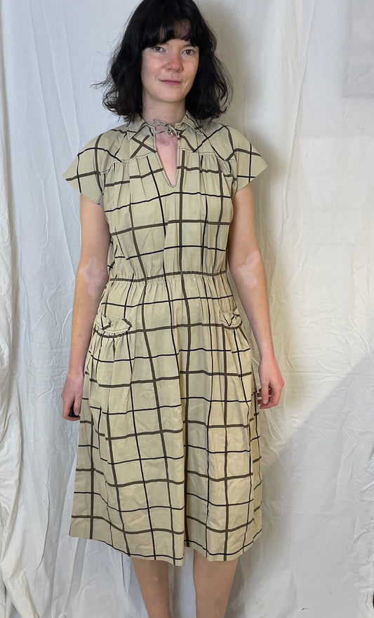 Vintage 70s Brown Cotton Checked Midi Dress - Up To Size 12