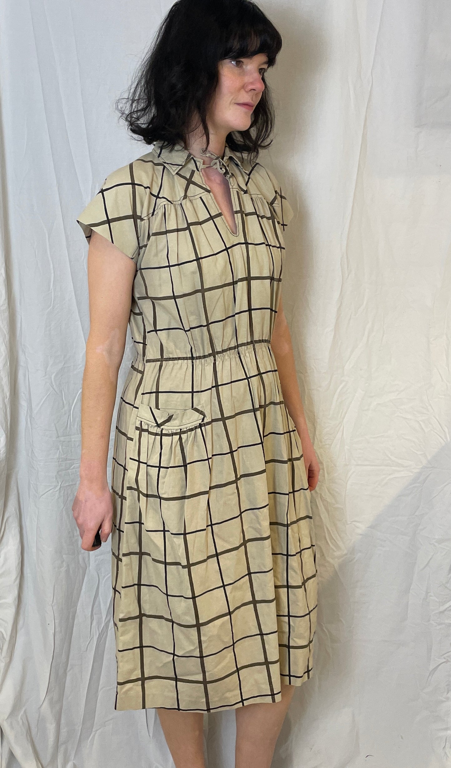 Vintage 70s Brown Cotton Checked Midi Dress - Up To Size 12