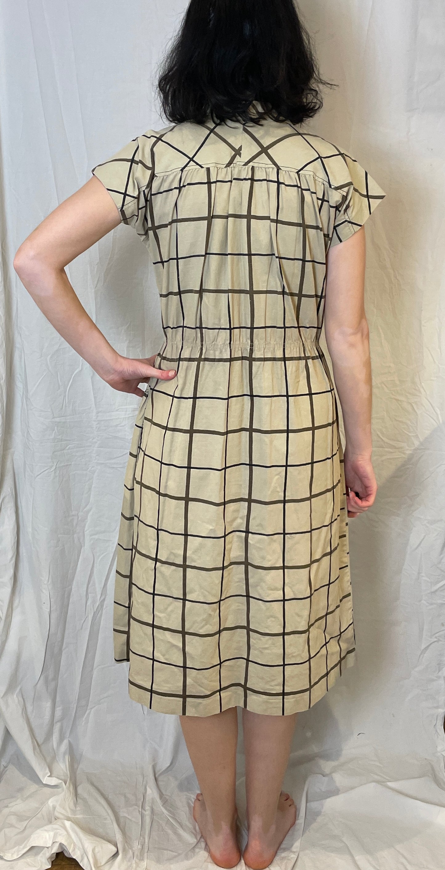 Vintage 70s Brown Cotton Checked Midi Dress - Up To Size 12