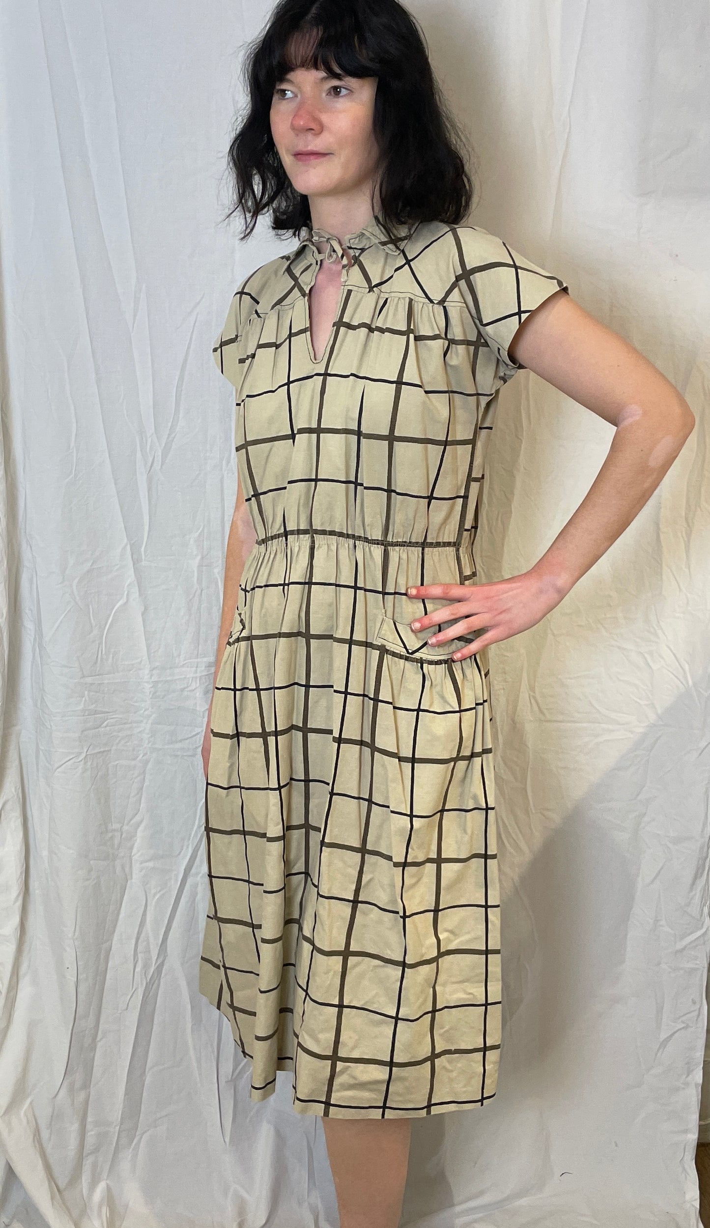 Vintage 70s Brown Cotton Checked Midi Dress - Up To Size 12