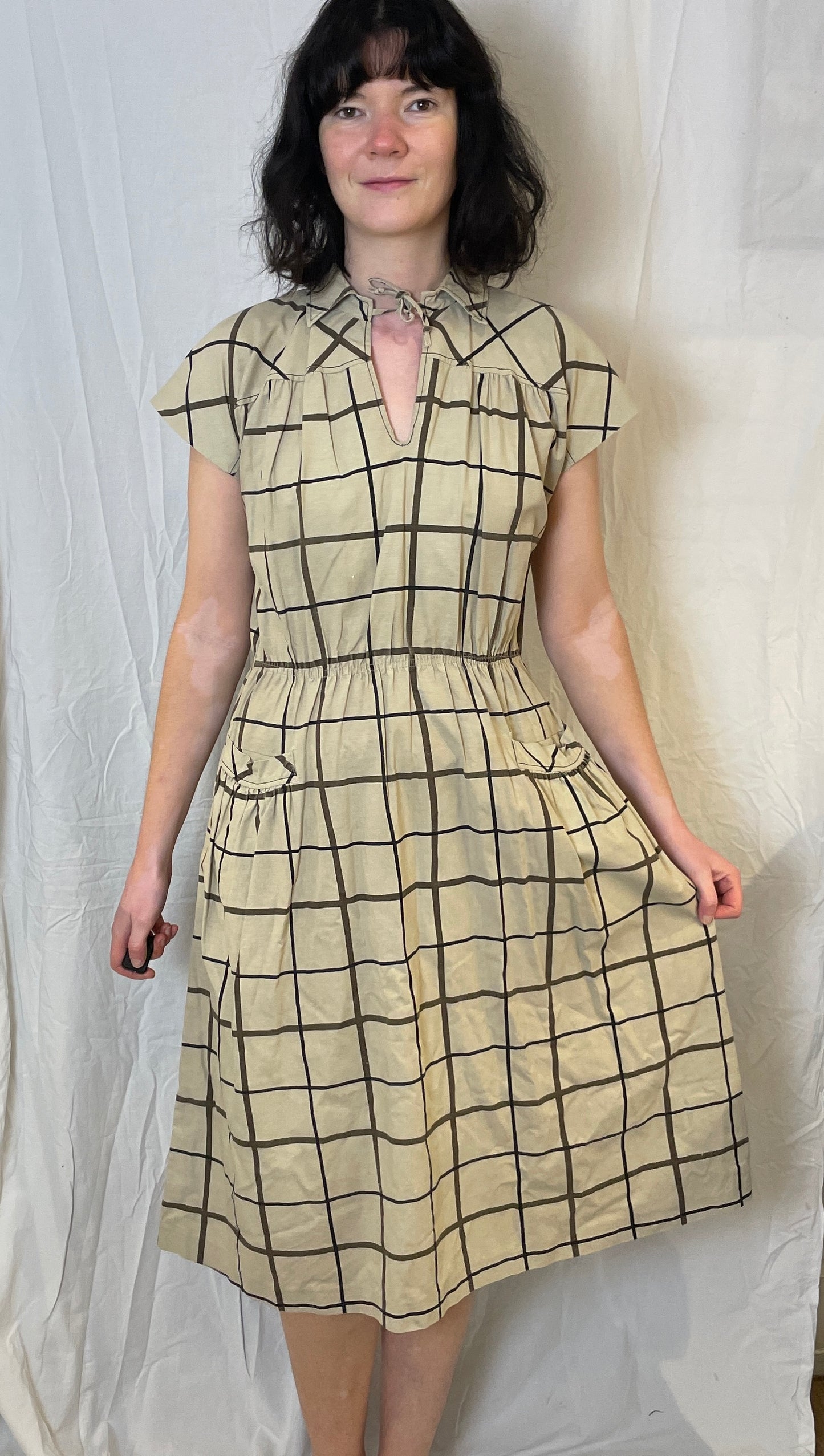Vintage 70s Brown Cotton Checked Midi Dress - Up To Size 12