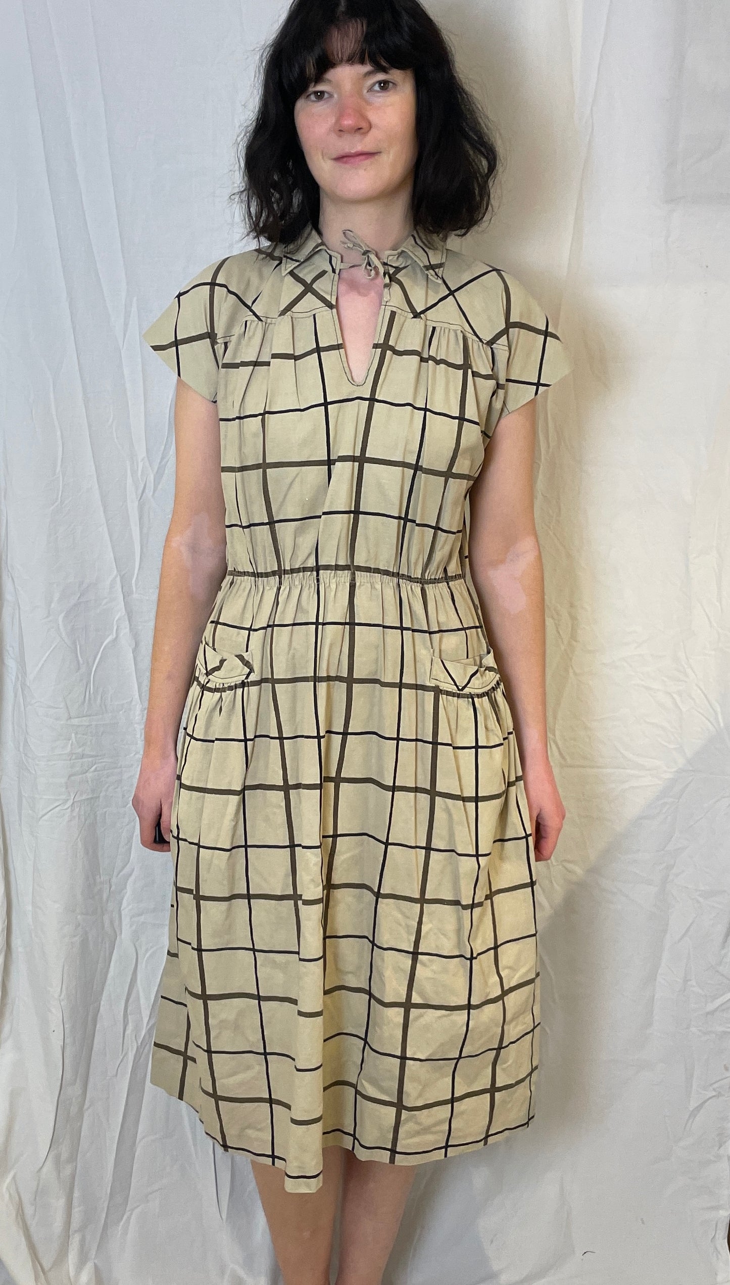 Vintage 70s Brown Cotton Checked Midi Dress - Up To Size 12