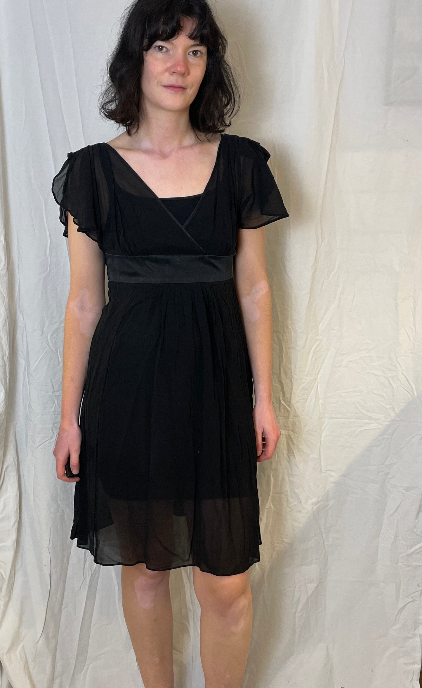 Vintage 90s Black Sheer Chiffon Tie Waist Midi Dress - Up To Size 10