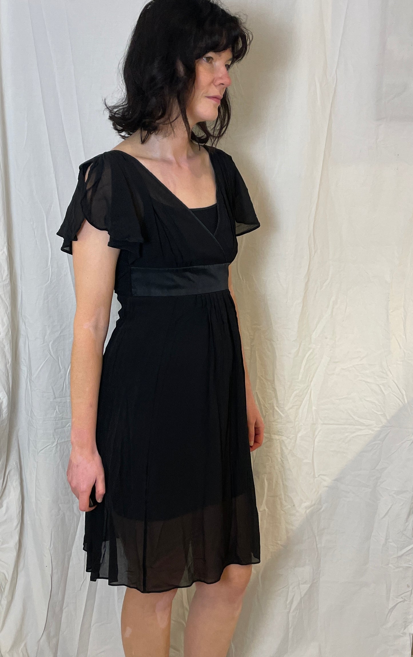 Vintage 90s Black Sheer Chiffon Tie Waist Midi Dress - Up To Size 10