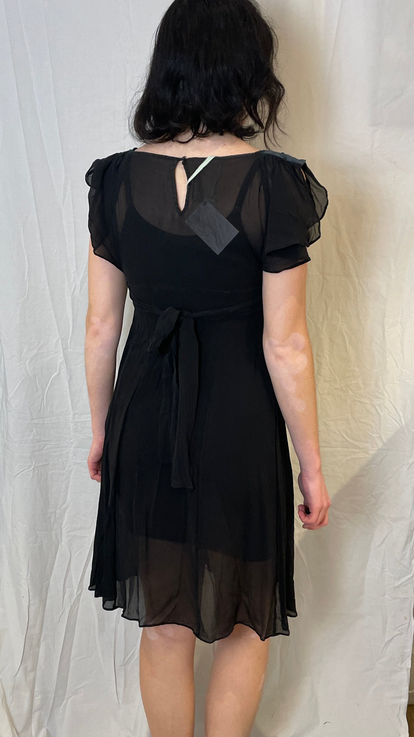 Vintage 90s Black Sheer Chiffon Tie Waist Midi Dress - Up To Size 10