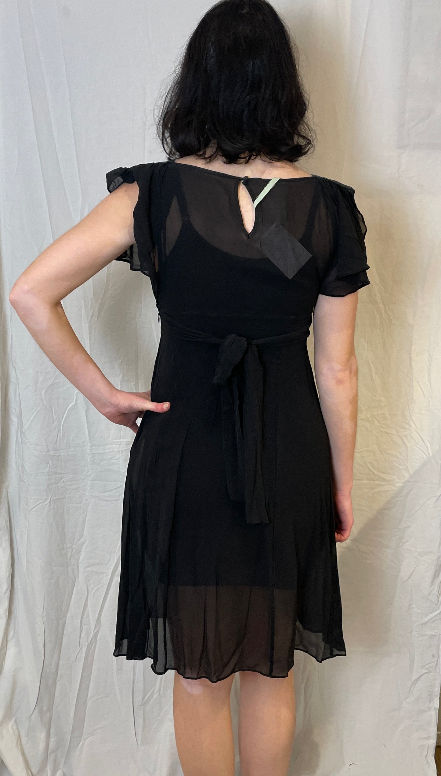 Vintage 90s Black Sheer Chiffon Tie Waist Midi Dress - Up To Size 10