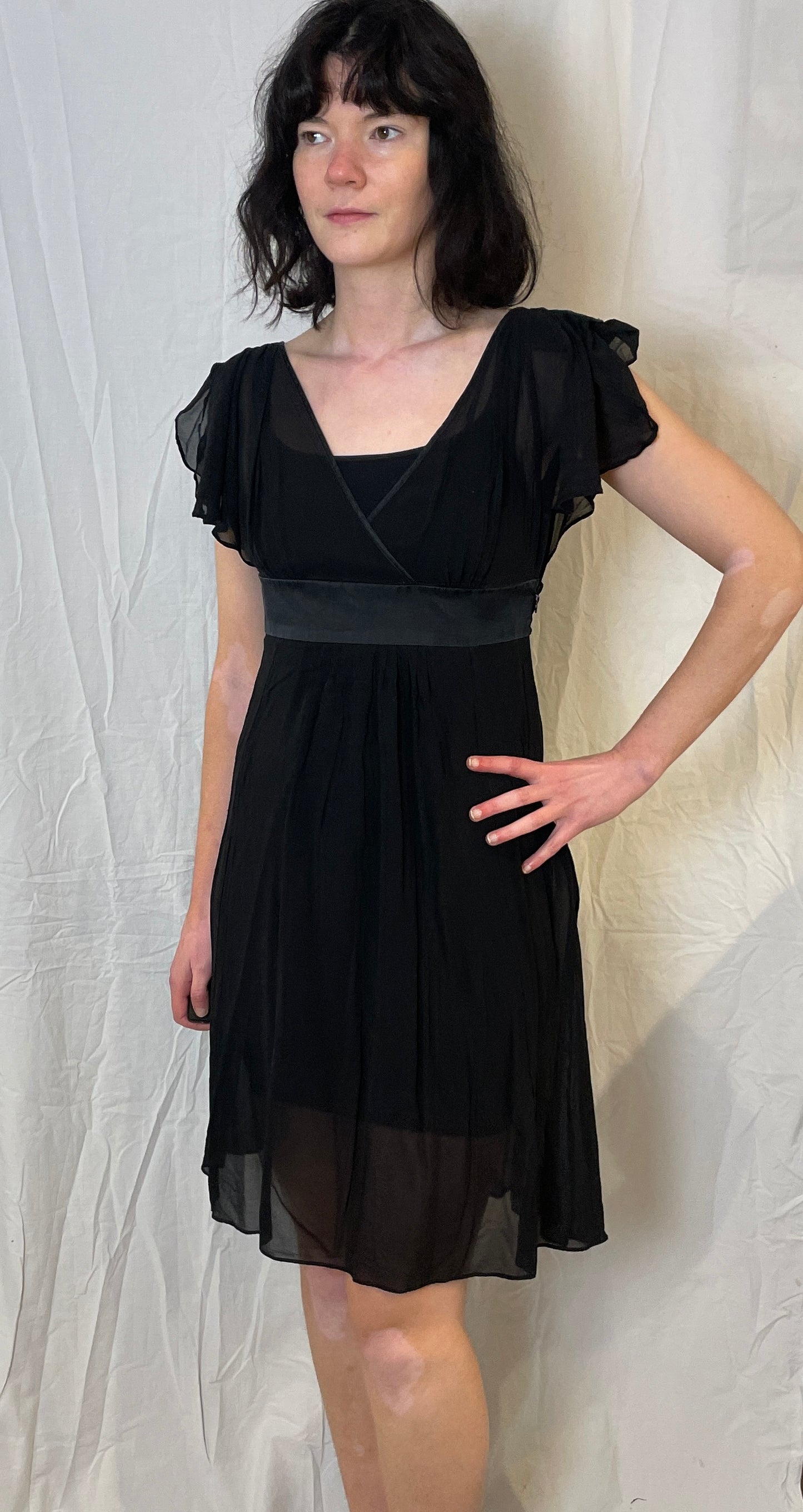 Vintage 90s Black Sheer Chiffon Tie Waist Midi Dress - Up To Size 10
