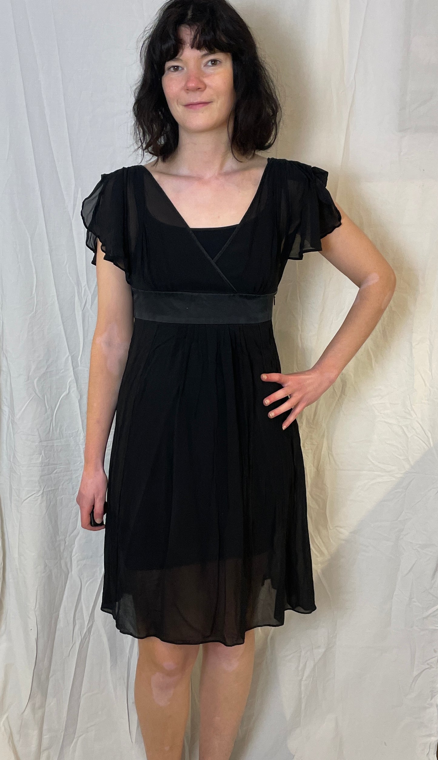 Vintage 90s Black Sheer Chiffon Tie Waist Midi Dress - Up To Size 10