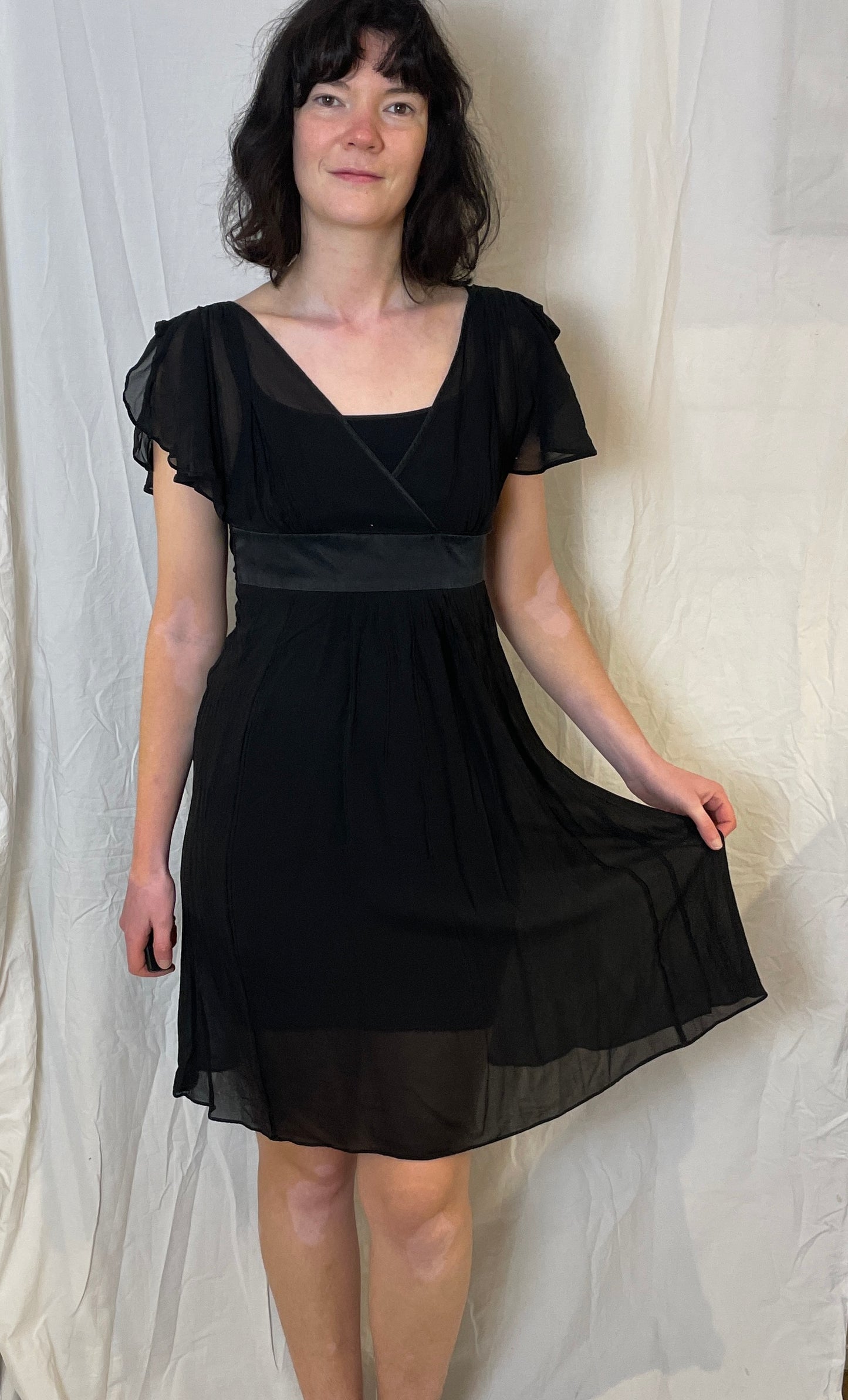 Vintage 90s Black Sheer Chiffon Tie Waist Midi Dress - Up To Size 10