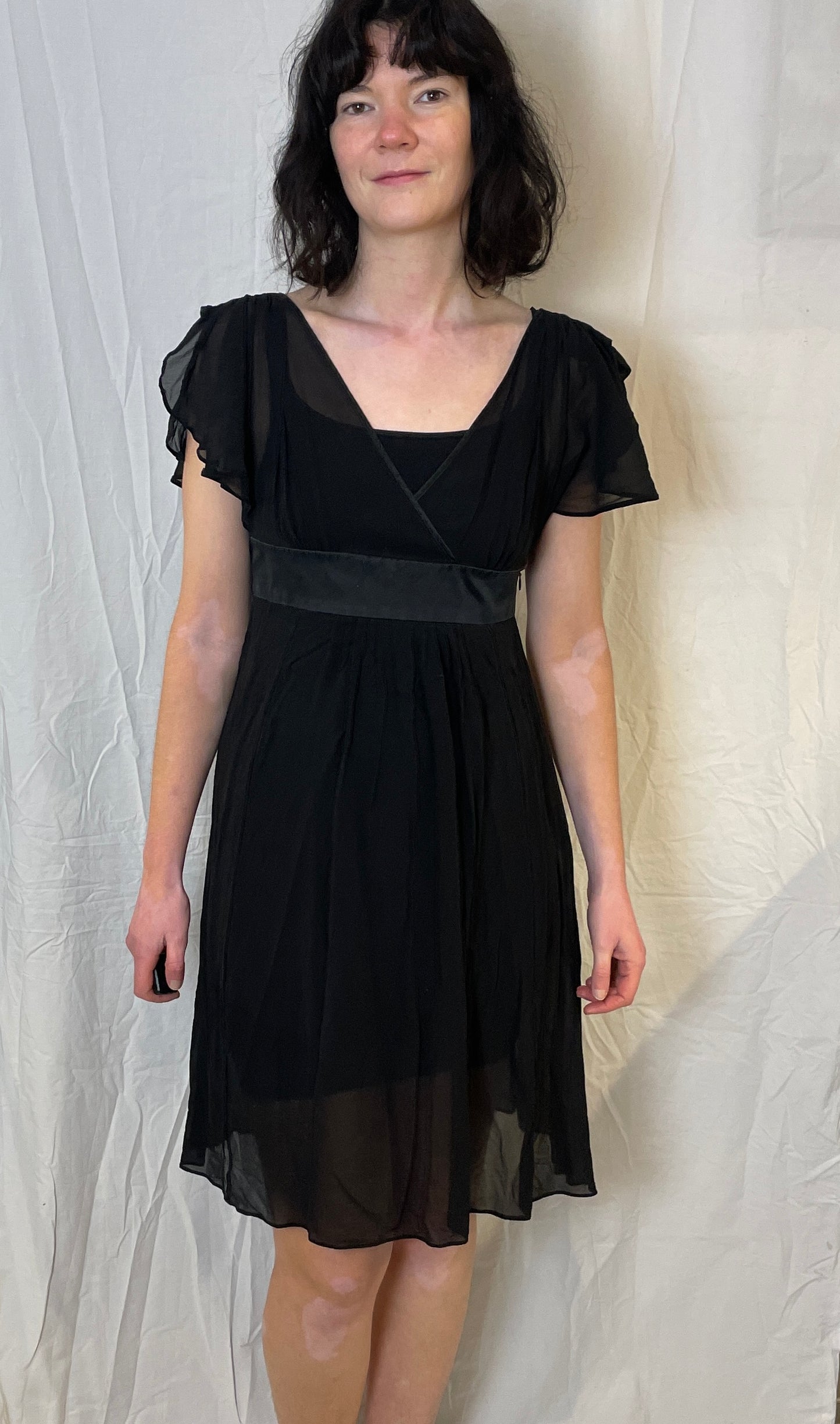 Vintage 90s Black Sheer Chiffon Tie Waist Midi Dress - Up To Size 10