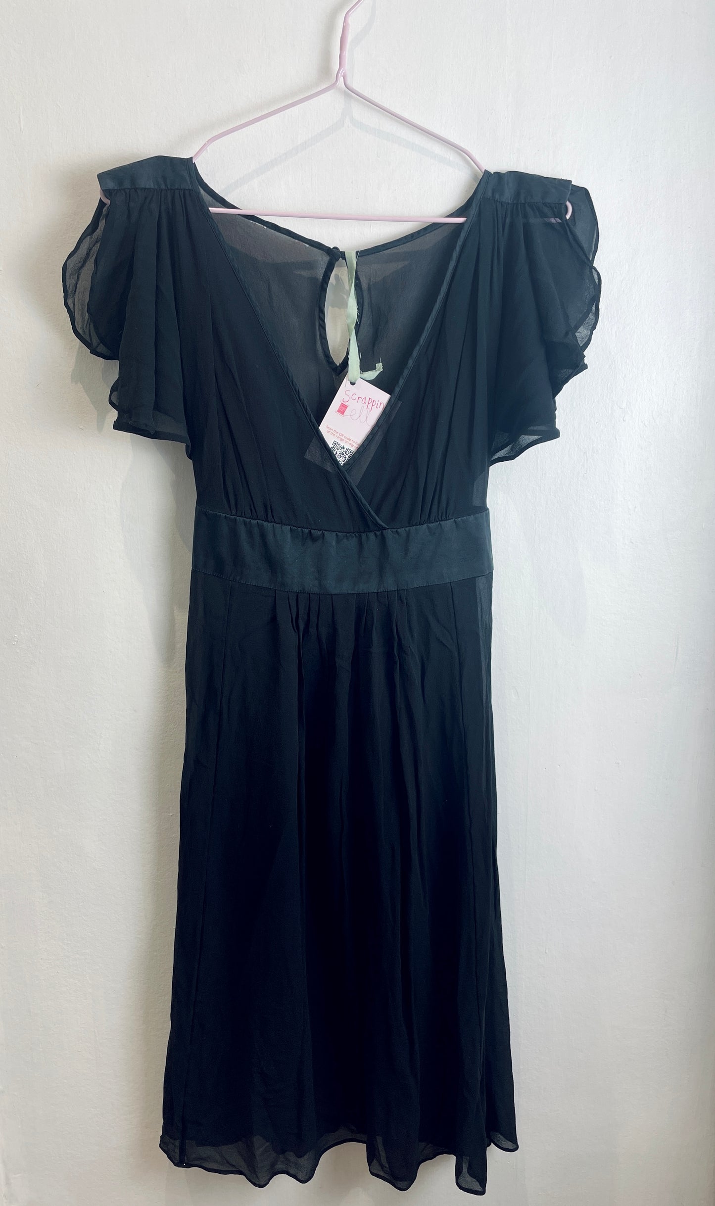 Vintage 90s Black Sheer Chiffon Tie Waist Midi Dress - Up To Size 10
