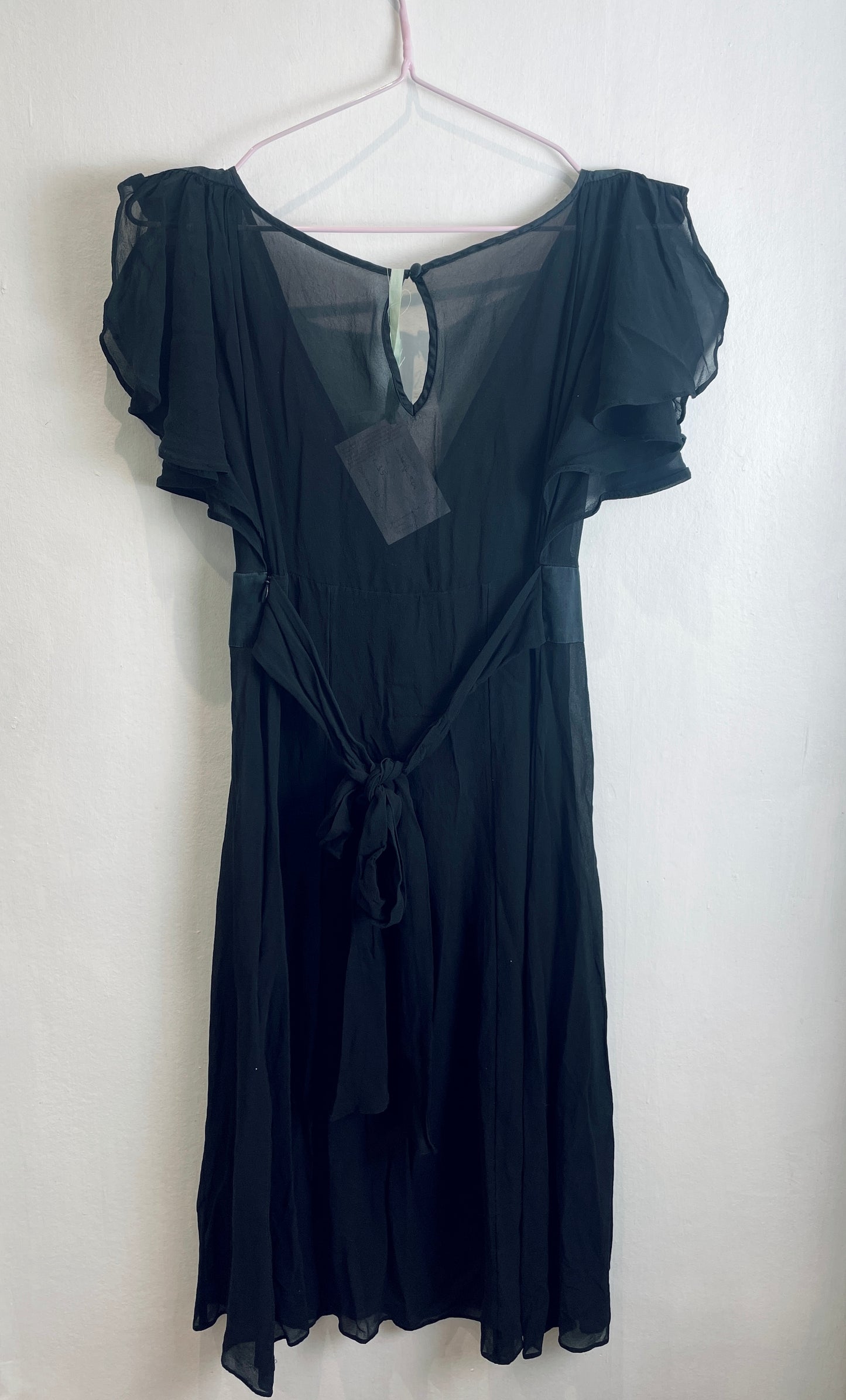 Vintage 90s Black Sheer Chiffon Tie Waist Midi Dress - Up To Size 10