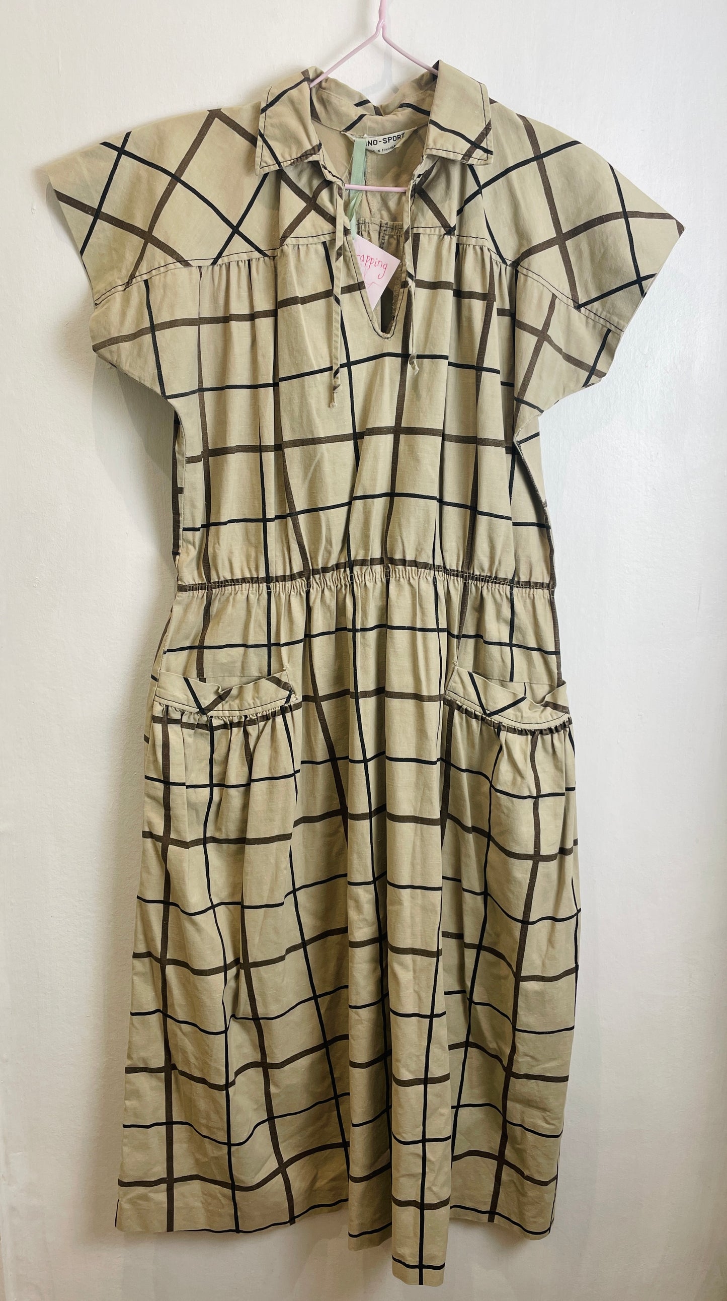 Vintage 70s Brown Cotton Checked Midi Dress - Up To Size 12
