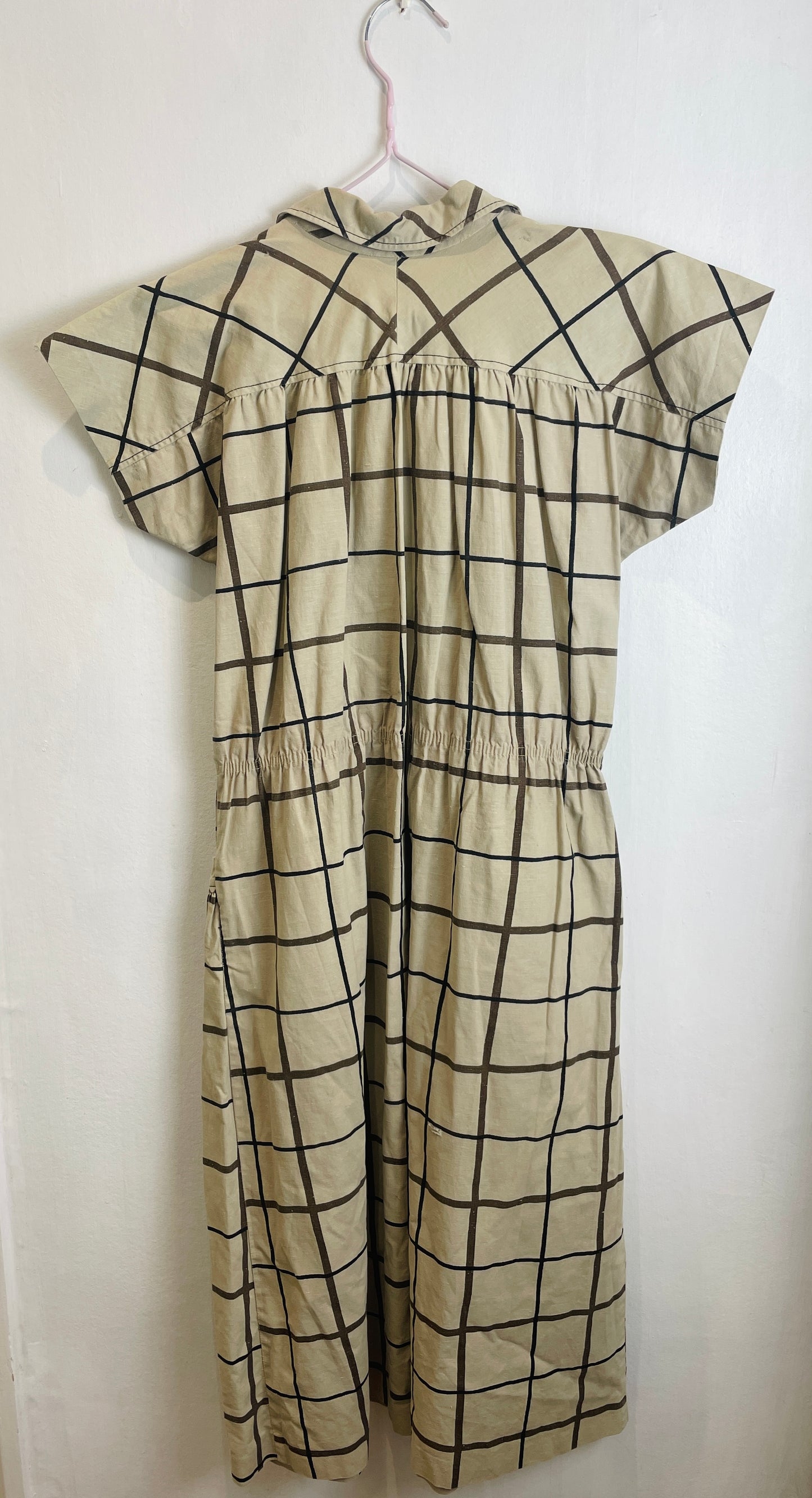 Vintage 70s Brown Cotton Checked Midi Dress - Up To Size 12