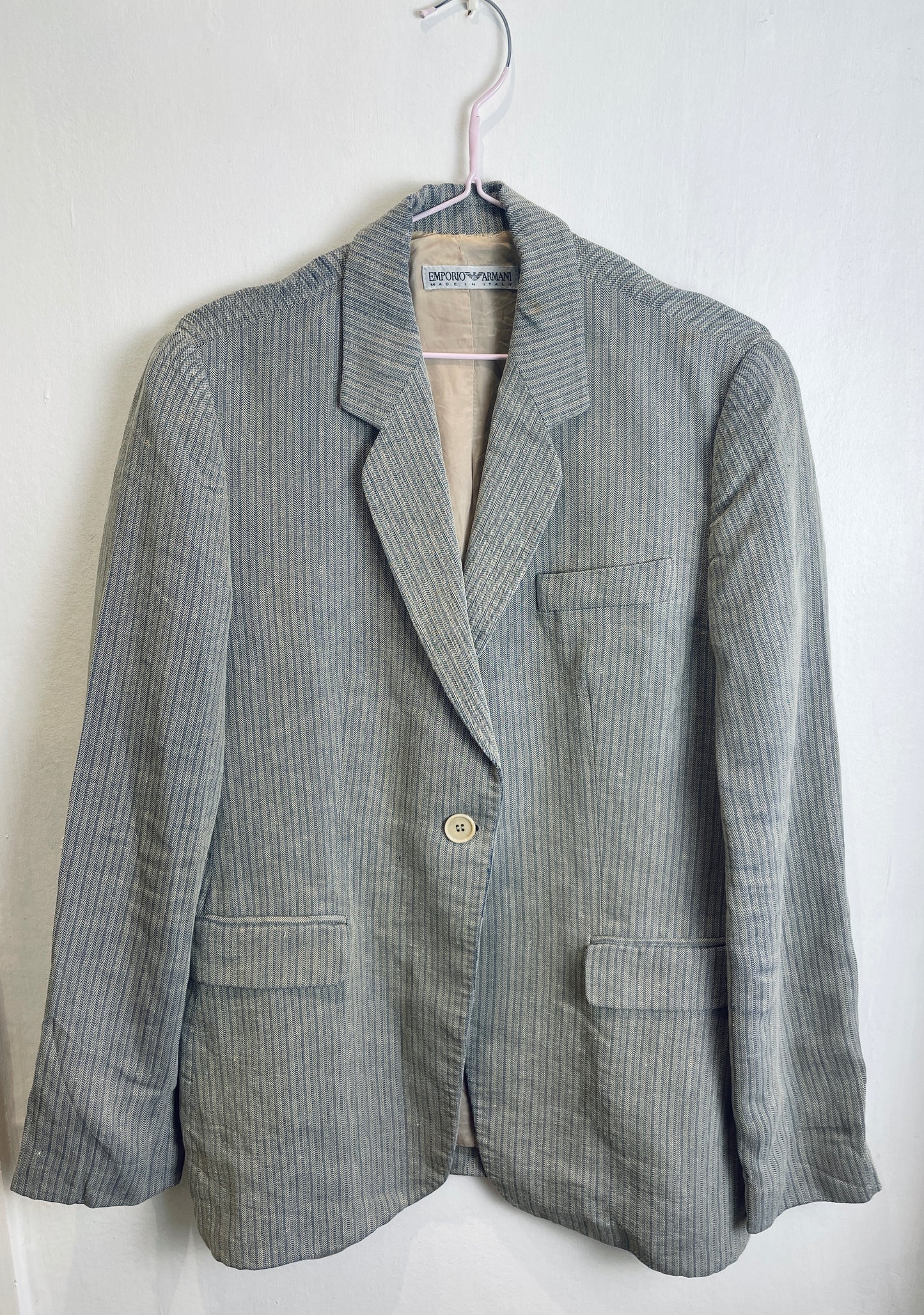 Vintage 90s Armani Grey Striped Fitted Blazer with Silk Lining - Up To Size 12
