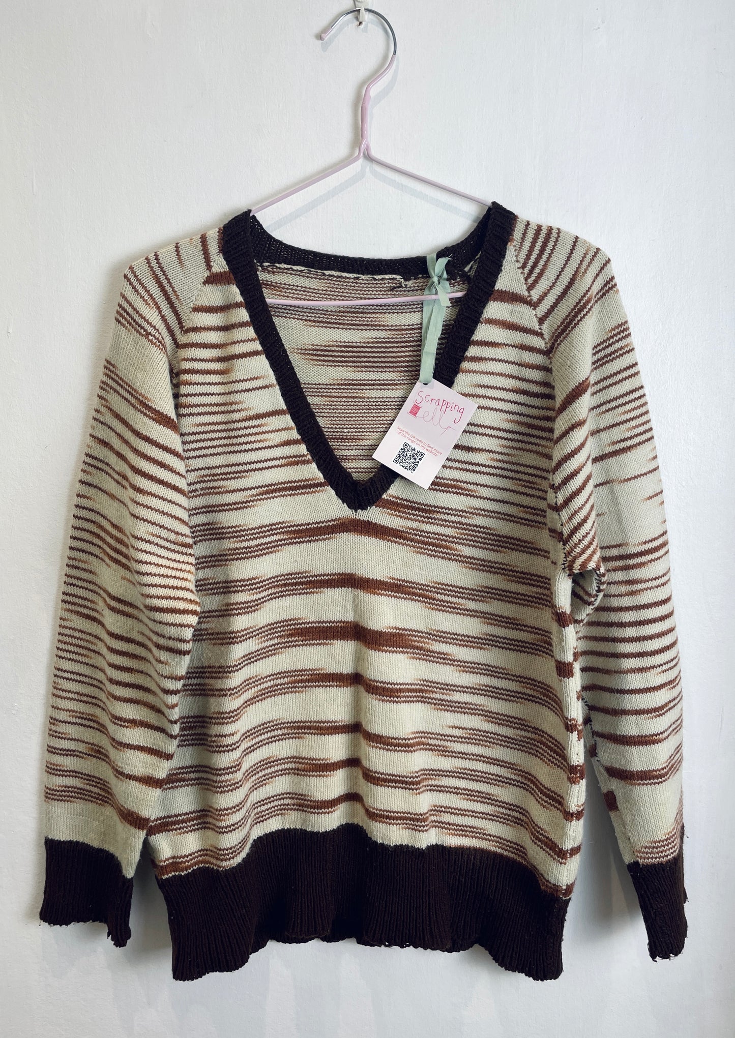 Vintage 70s Brown Striped V-Neck Handknit Wool Jumper - Up To Size 10