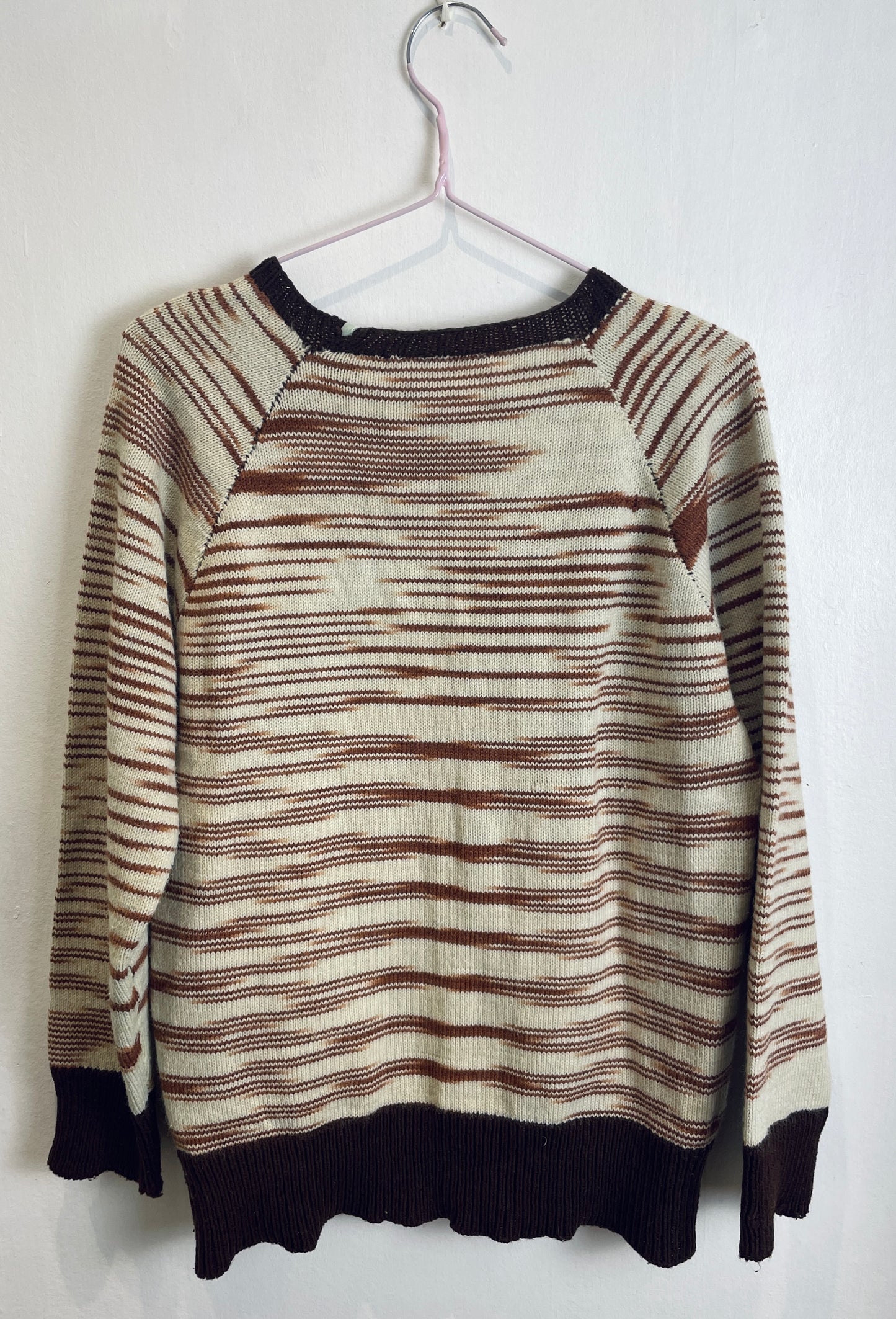 Vintage 70s Brown Striped V-Neck Handknit Wool Jumper - Up To Size 10