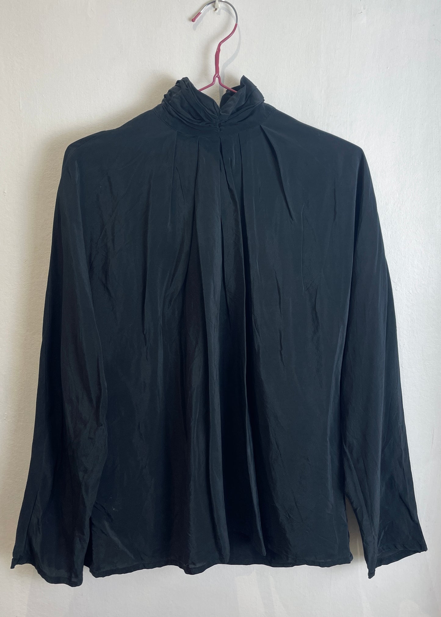 Vintage 80s Aquascutum Black Silk High Neck Trapeze Blouse - Up To Size 12