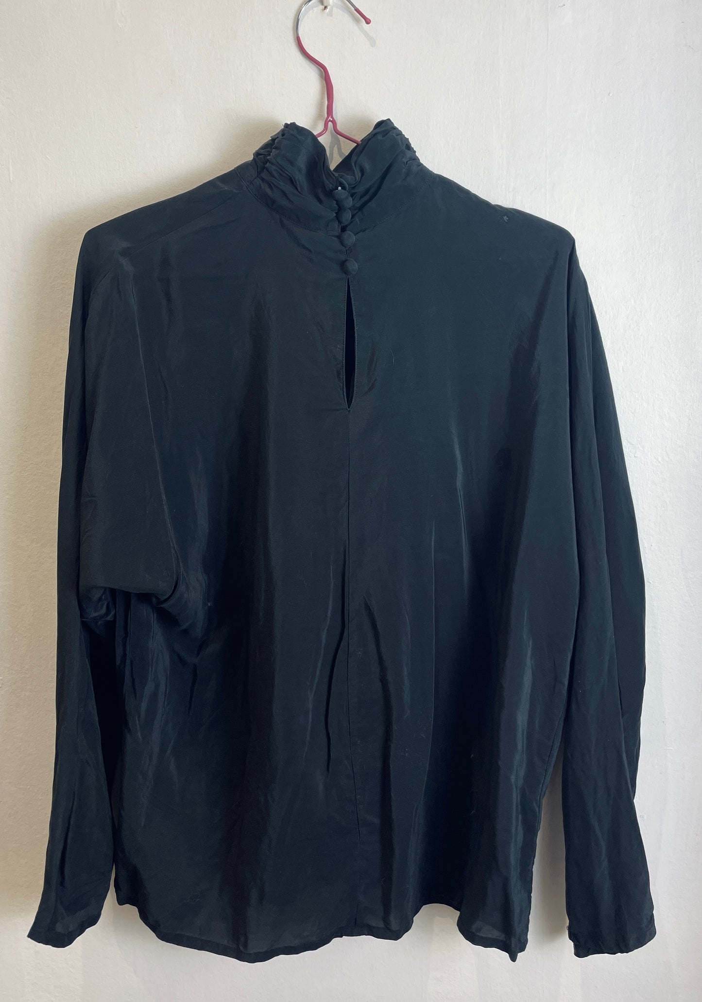 Vintage 80s Aquascutum Black Silk High Neck Trapeze Blouse - Up To Size 12