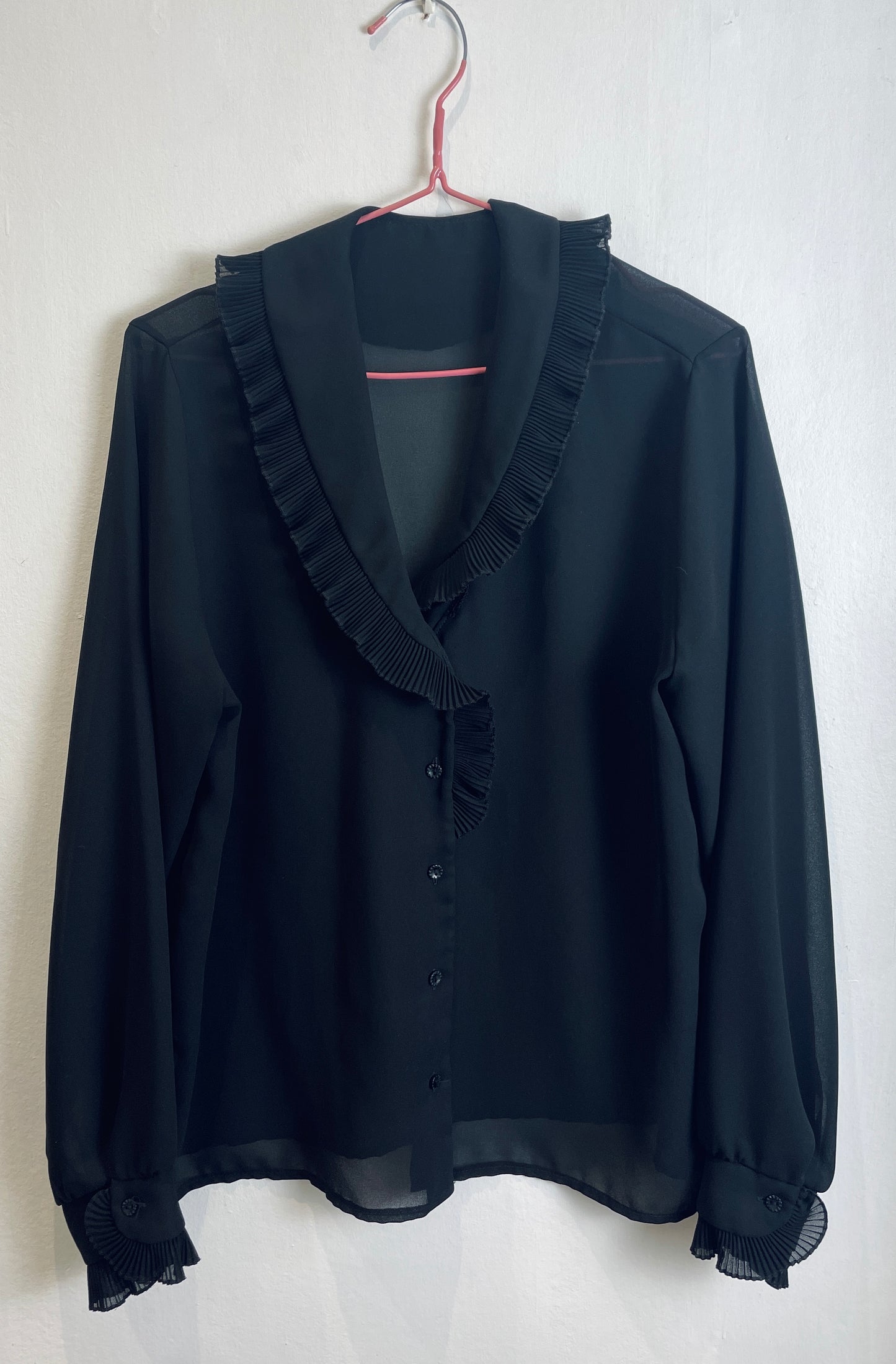 Vintage 80s Black Sheer Chiffon Ruffle Neckline Blouse - Up To Size 14