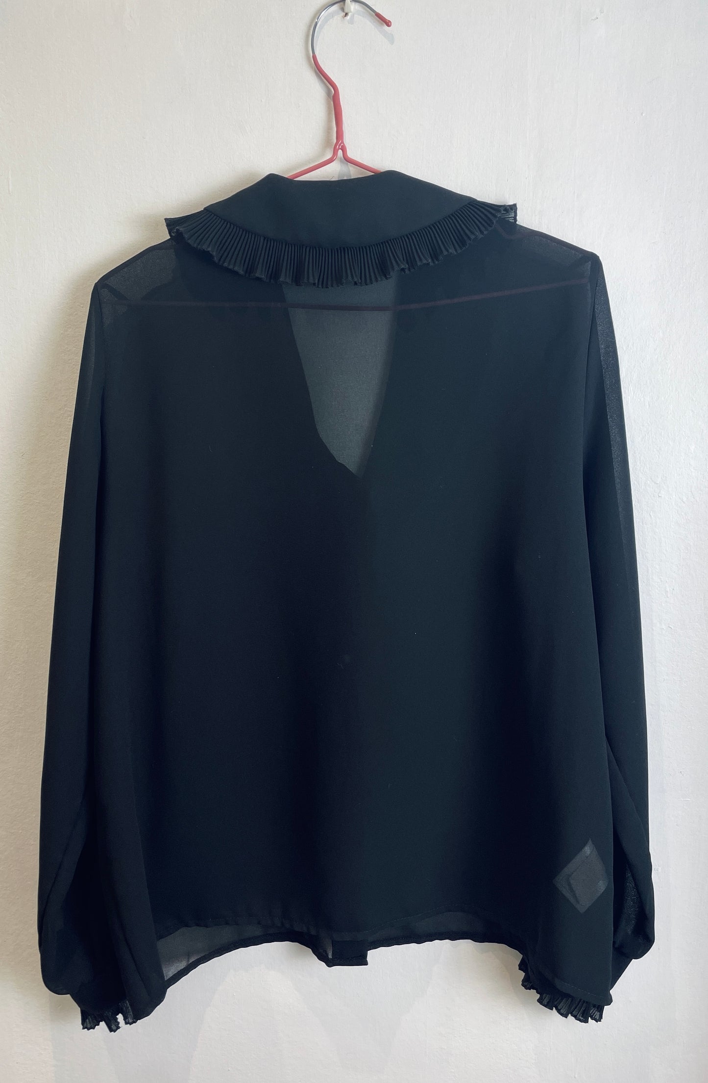 Vintage 80s Black Sheer Chiffon Ruffle Neckline Blouse - Up To Size 14