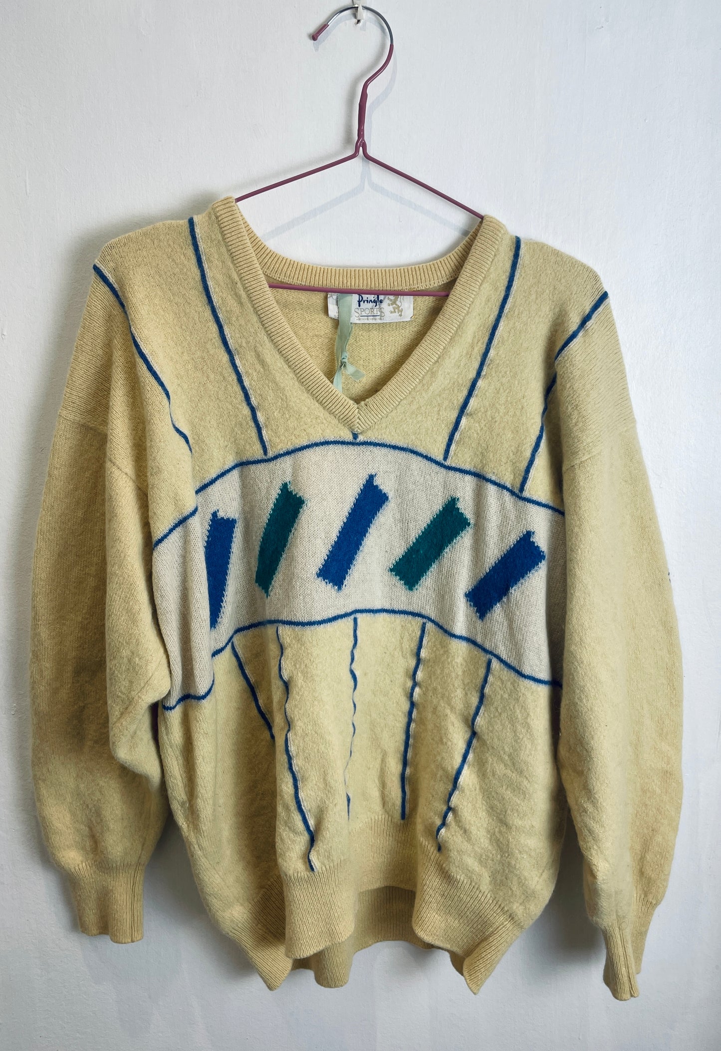 Vintage 80s Pringle Pale Yellow Retro Knitted Wool Jumper - Size M